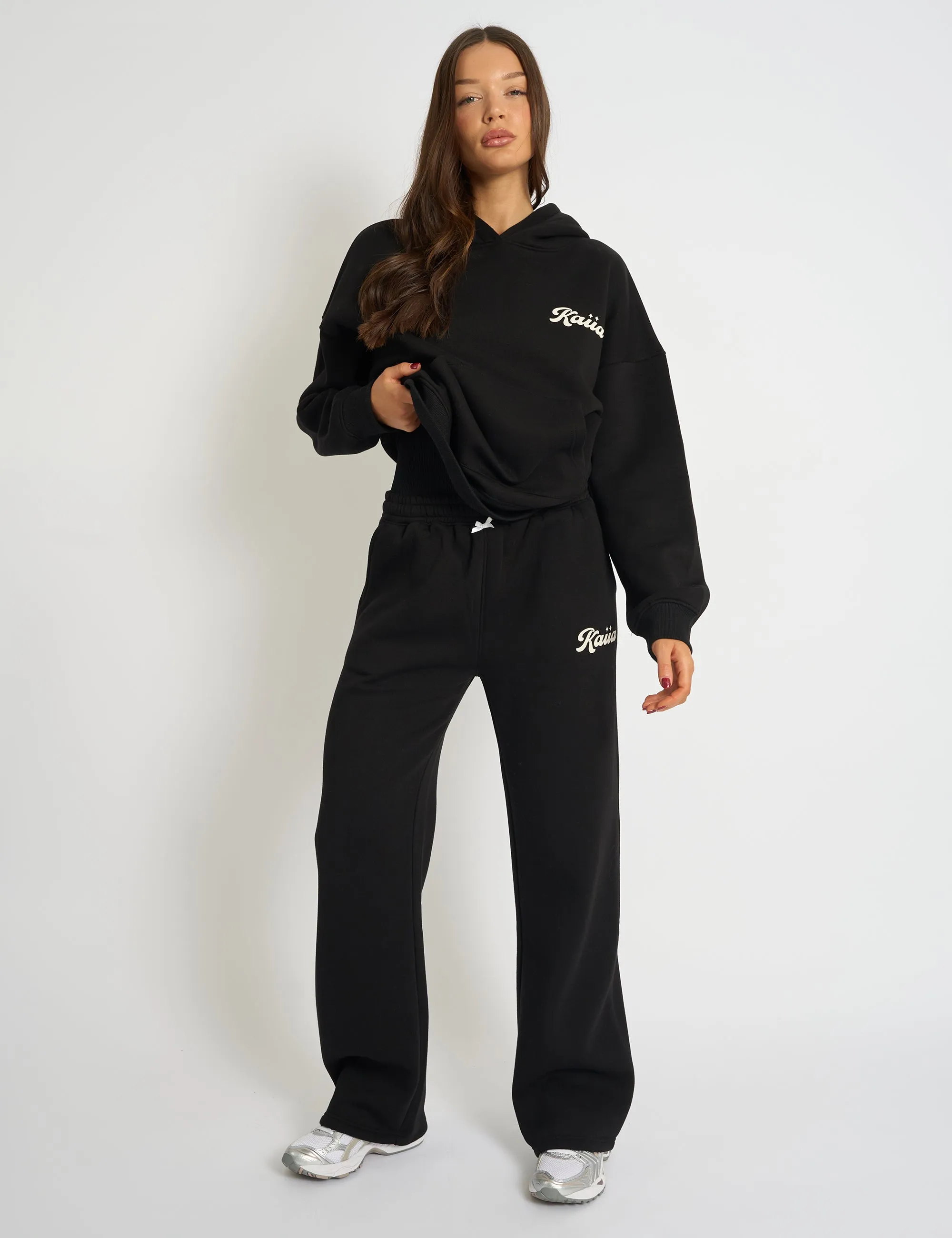 Kaiia Bubble Script Bow Detail Wide Leg Joggers Black & Cream sold by Public Desire