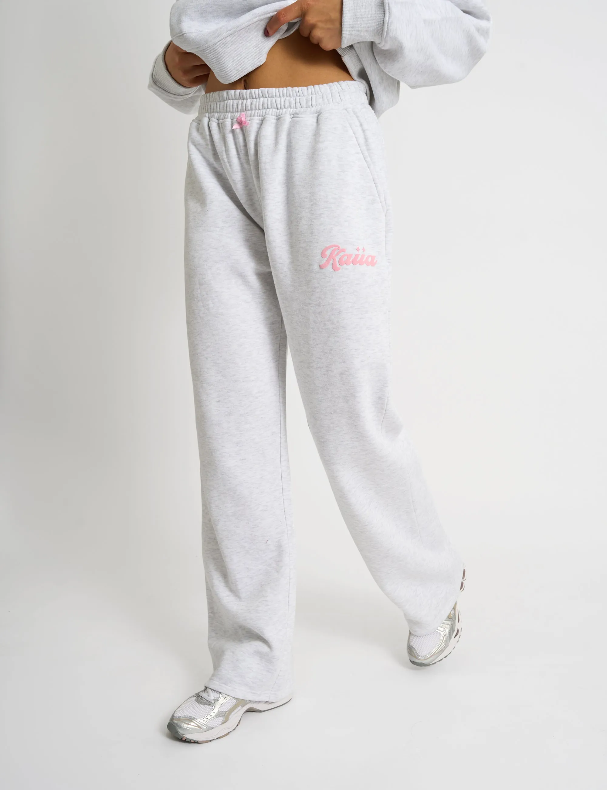 Kaiia Bubble Script Bow Detail Wide Leg Joggers Grey Marl & Pink sold by Public Desire product image thumbnail 3
