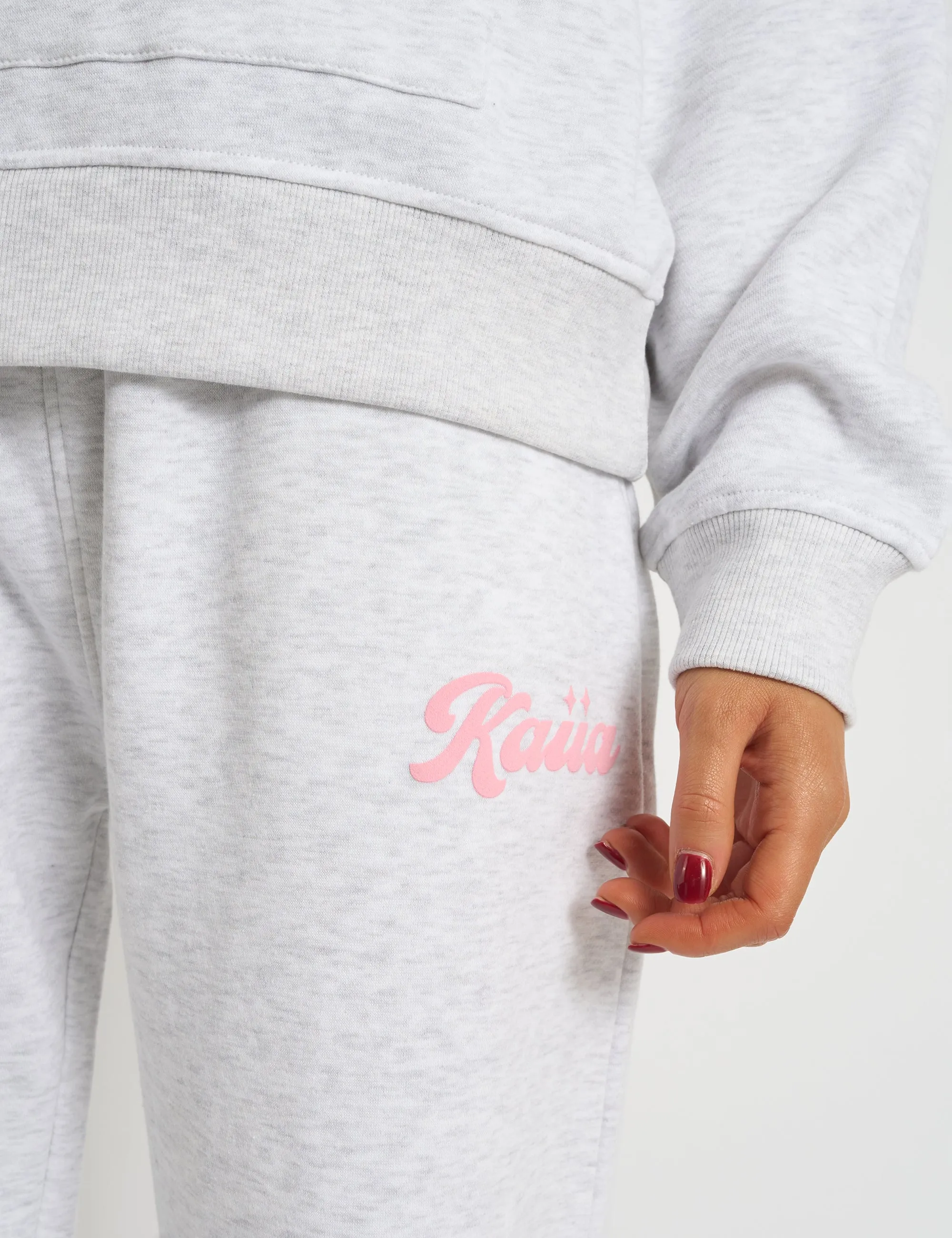 Kaiia Bubble Script Bow Detail Wide Leg Joggers Grey Marl & Pink sold by Public Desire product image thumbnail 5