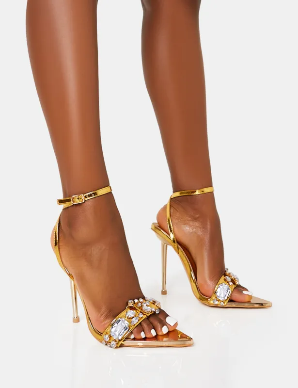 Icicle Wide Fit Gold Metallic Patent Extreme Jeweled Ankle Strap Pointed Toe Stiletto Heels sold by Public Desire