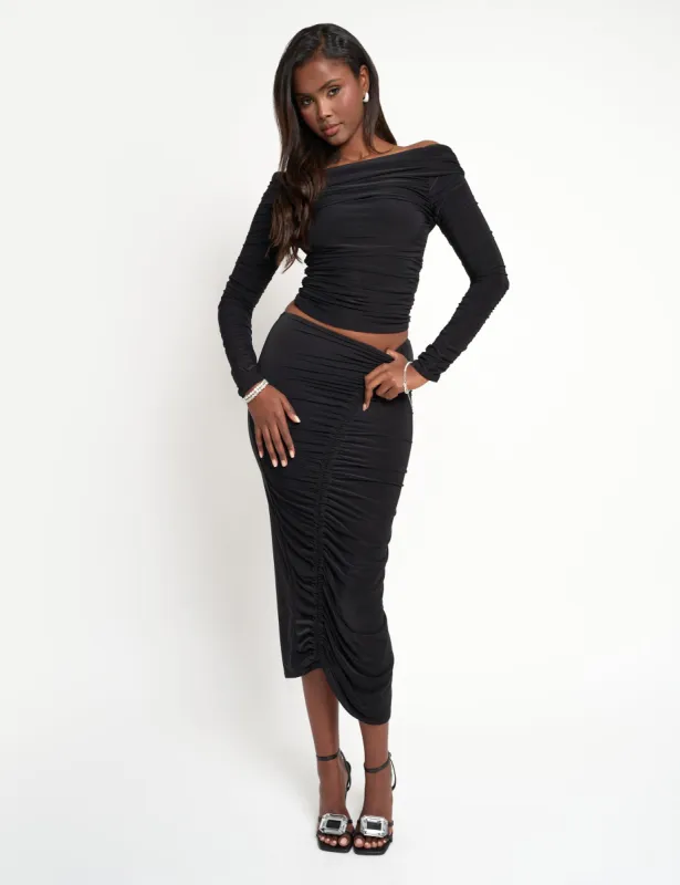 Ruched Maxi Skirt Co Ord Black sold by Public Desire