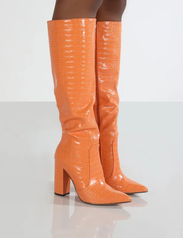 Scarlet Orange Croc Knee High Boots sold by Public Desire
