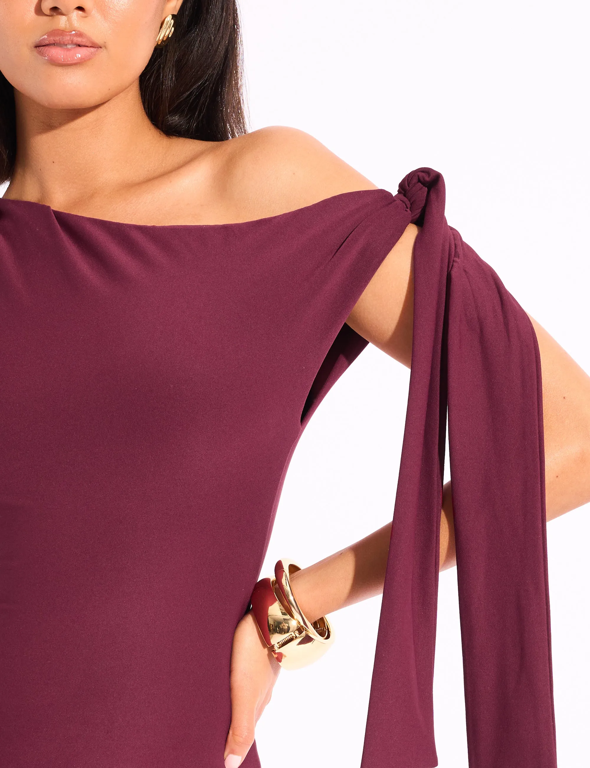 Knot Detail Asymmetric One Shoulder Luxe Slinky Mini Dress Burgundy sold by Public Desire product image thumbnail 2