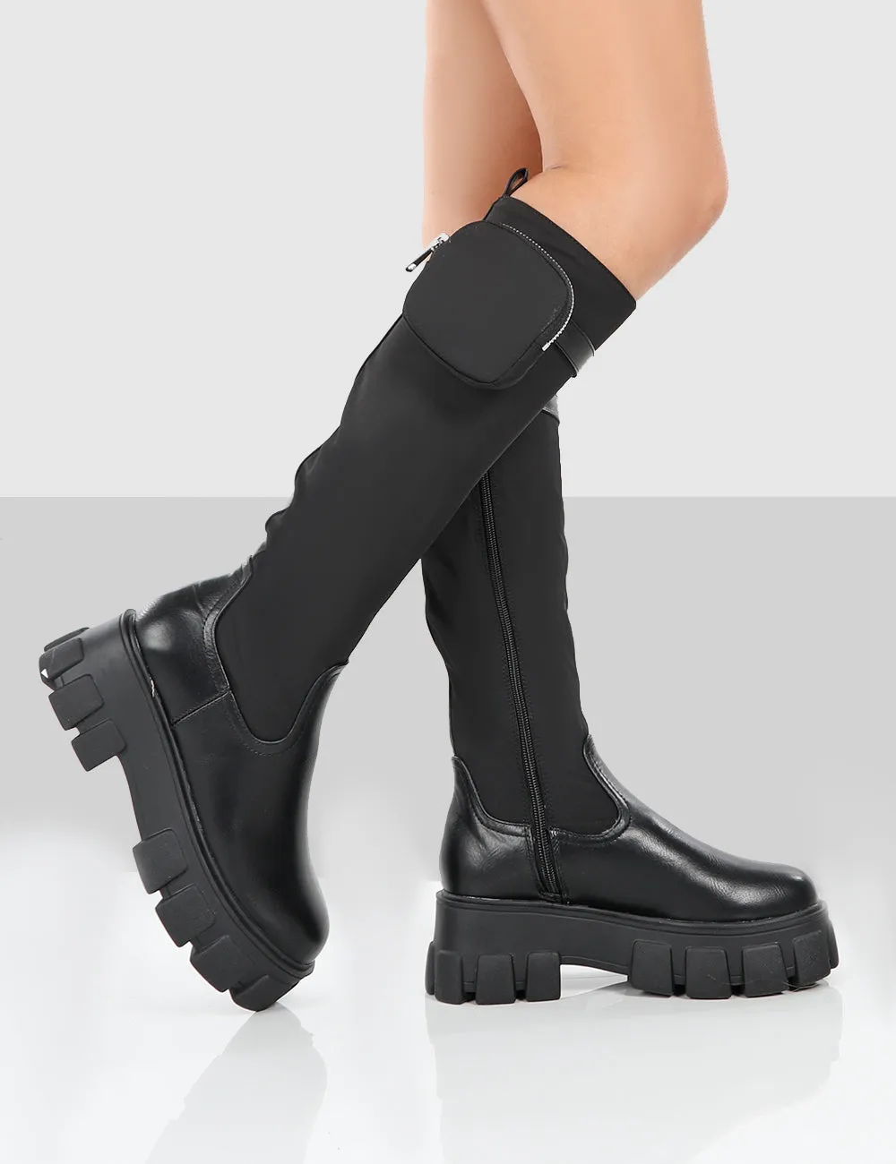 Showing Up Wide Fit Black Nylon Chunky Sole Pocket Detail Knee High Boots sold by Public Desire product image thumbnail 4