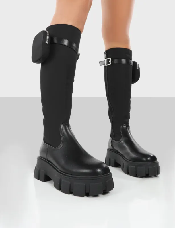 Showing Up Wide Fit Black Nylon Chunky Sole Pocket Detail Knee High Boots sold by Public Desire