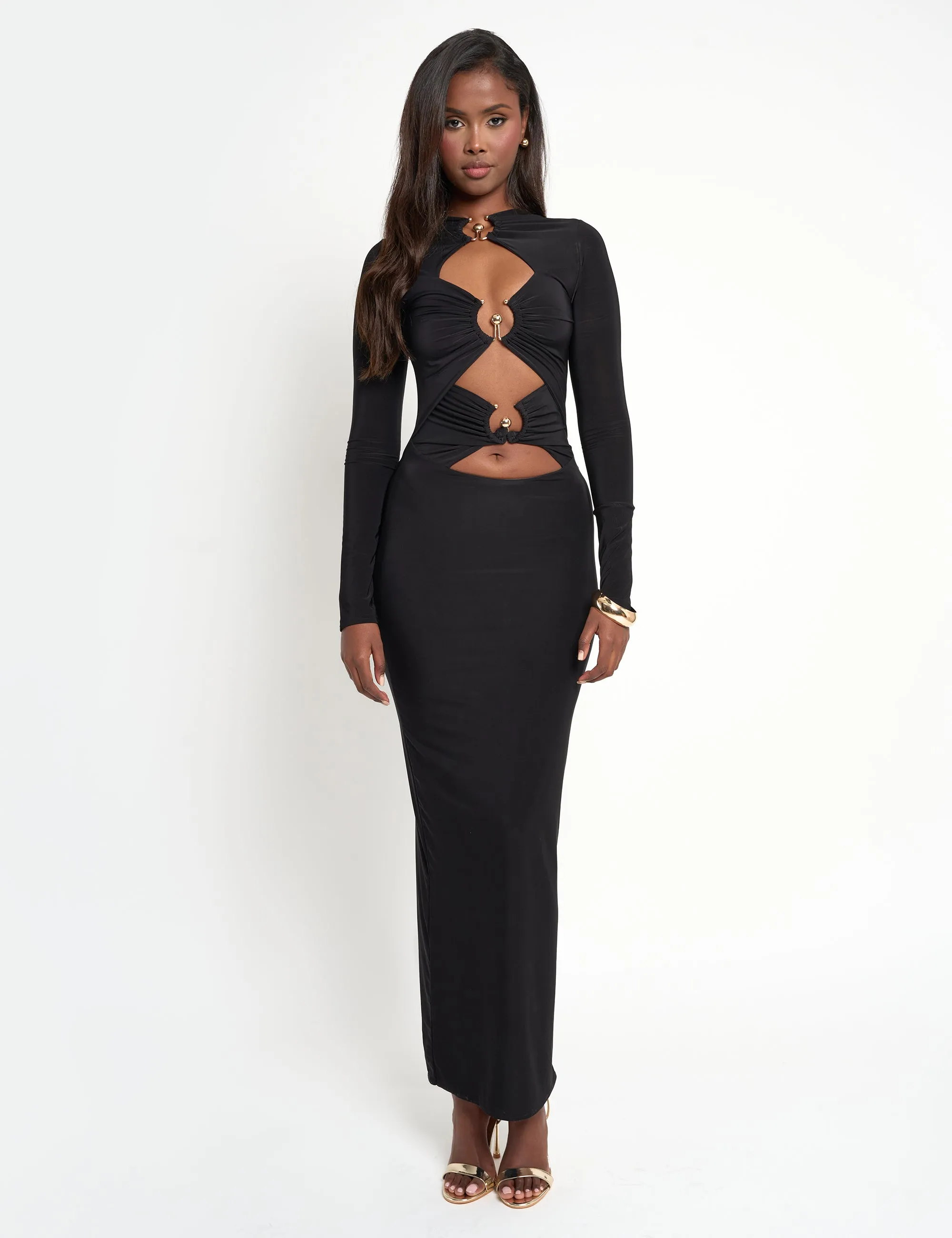 Slinky Metal Detail Long Sleeve Maxi Dress Black sold by Public Desire product image thumbnail 2
