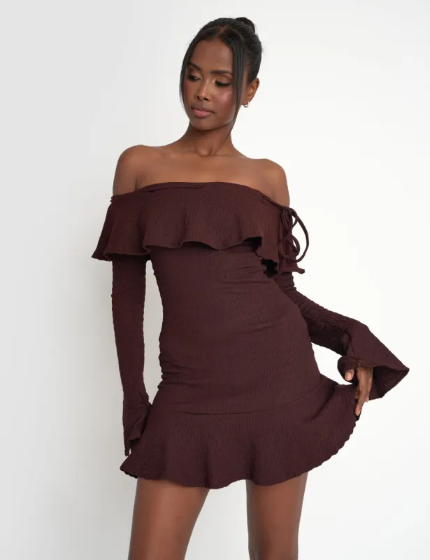 Textured Bardot Mini Dress Chocolate sold by Public Desire