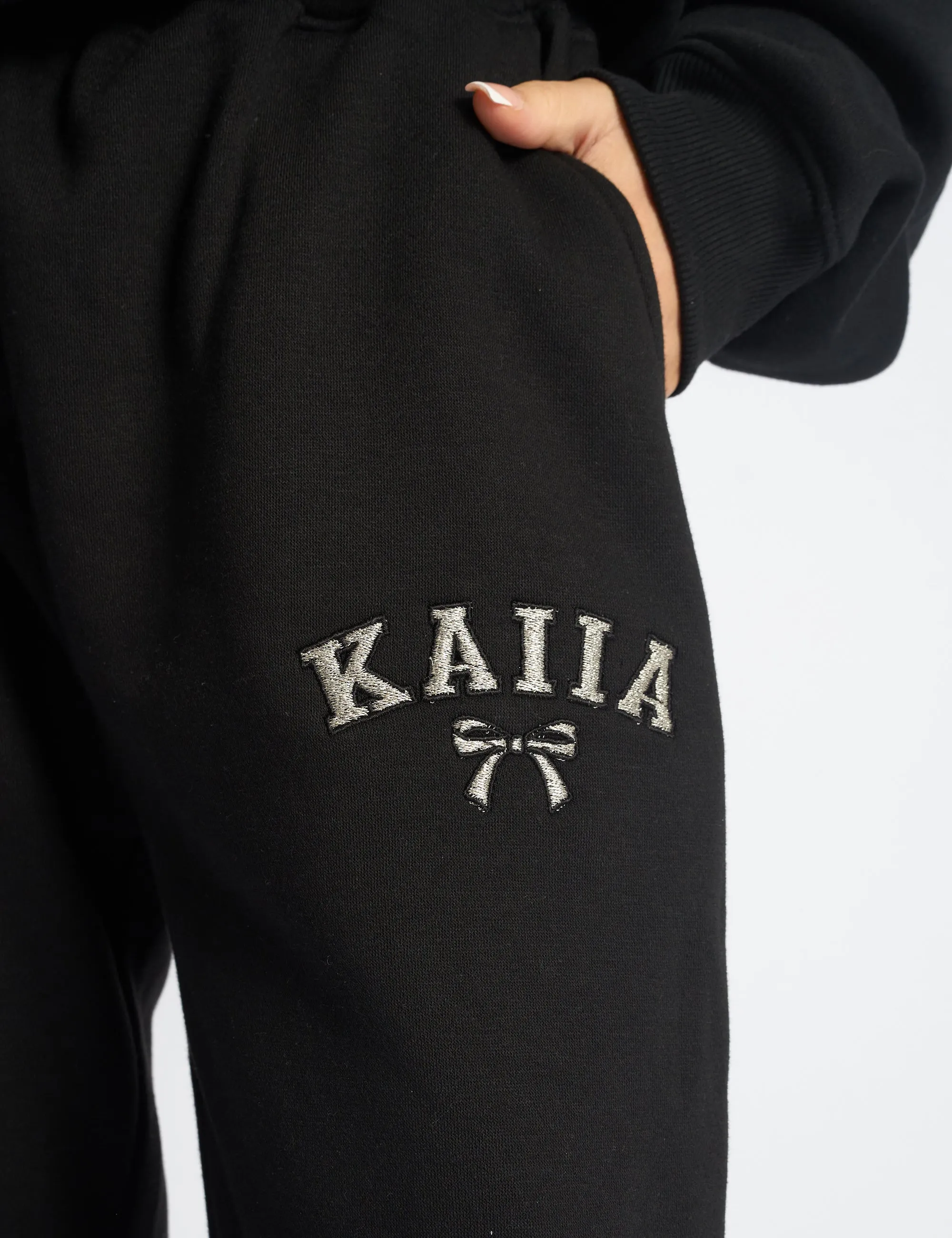 Kaiia Bow Embroidered Ribbed Waistband Wide Leg Joggers Black & Silver sold by Public Desire product image thumbnail 4