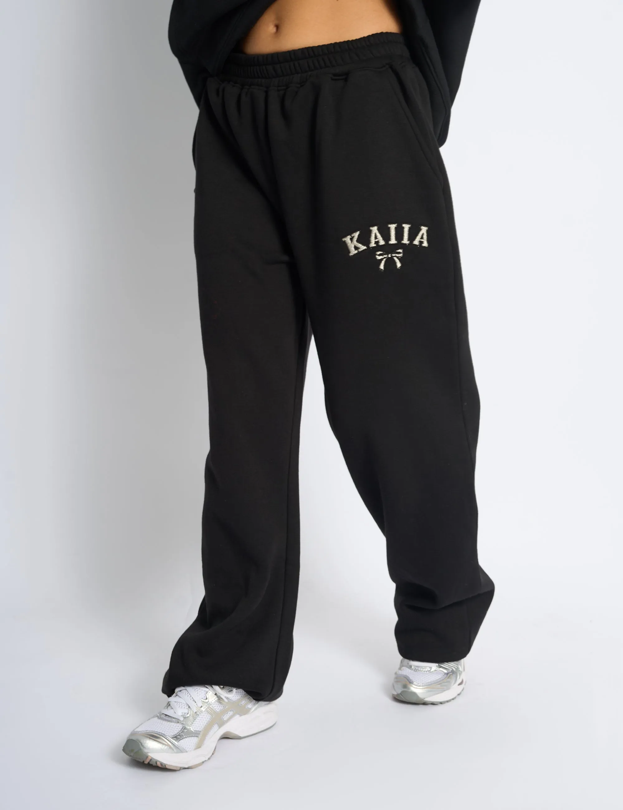 Kaiia Bow Embroidered Ribbed Waistband Wide Leg Joggers Black & Silver sold by Public Desire product image thumbnail 2