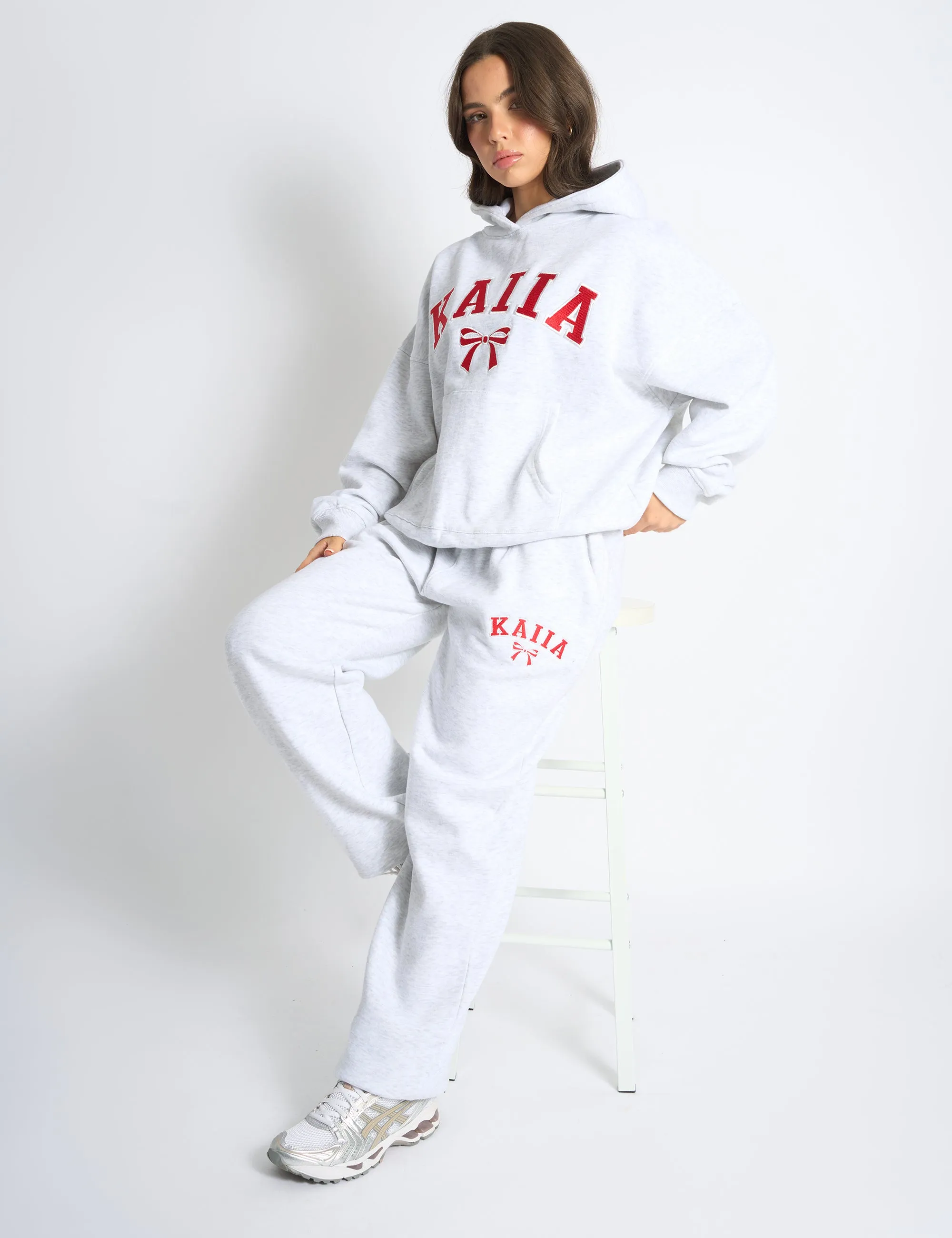 Kaiia Bow Embroidered Ribbed Waistband Wide Leg Joggers Light Grey Marl & Red sold by Public Desire