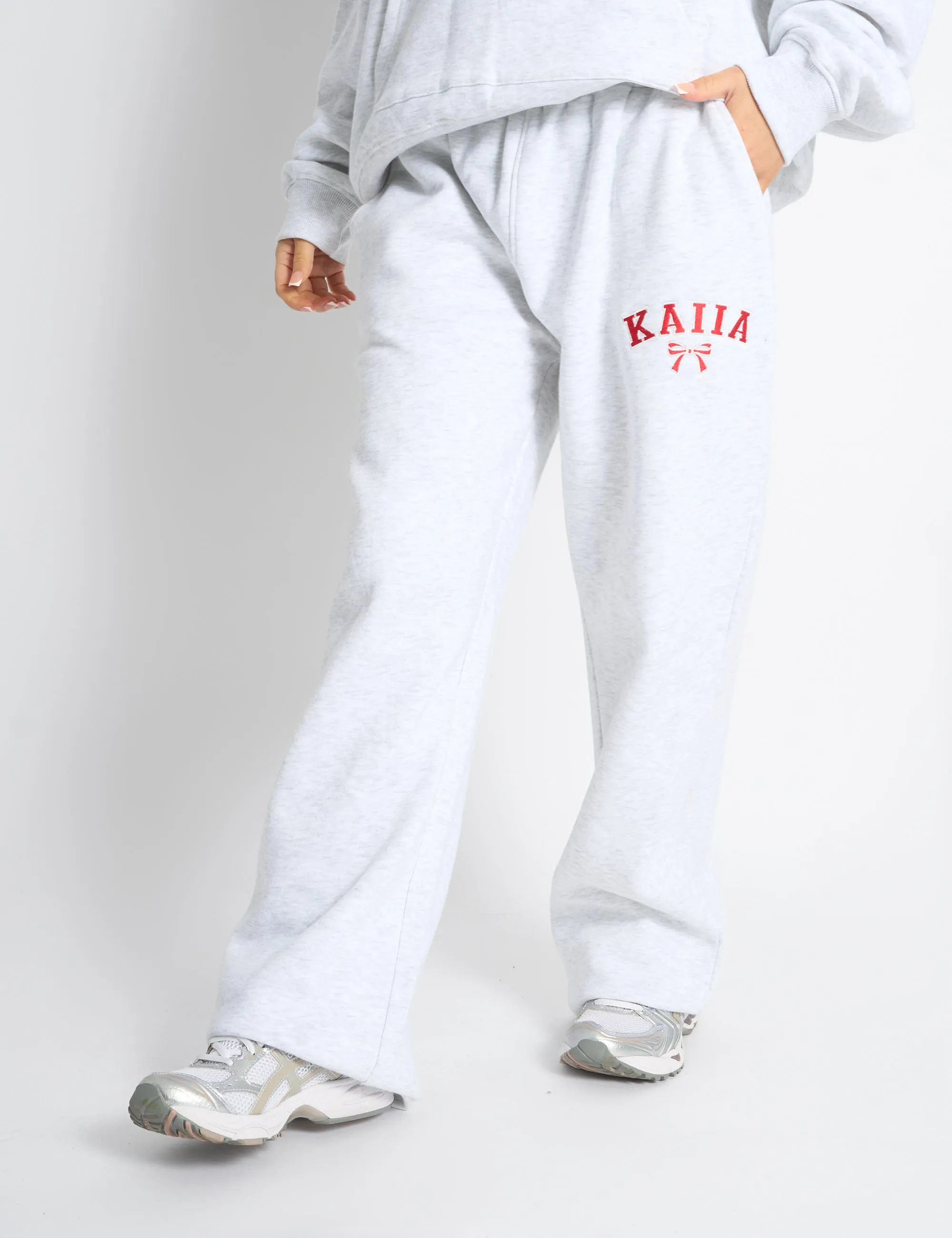 Kaiia Bow Embroidered Ribbed Waistband Wide Leg Joggers Light Grey Marl & Red sold by Public Desire product image thumbnail 2
