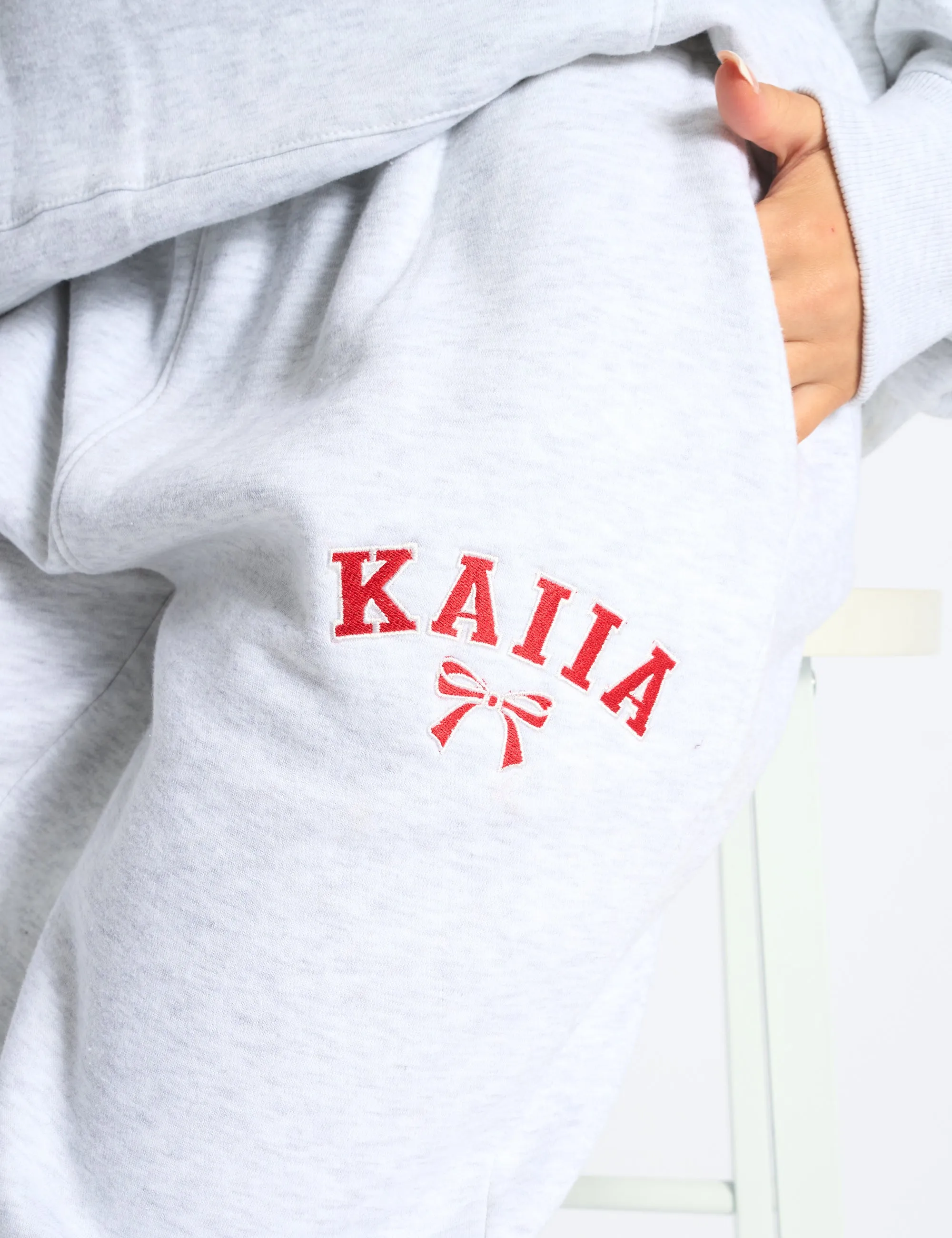 Kaiia Bow Embroidered Ribbed Waistband Wide Leg Joggers Light Grey Marl & Red sold by Public Desire product image thumbnail 4