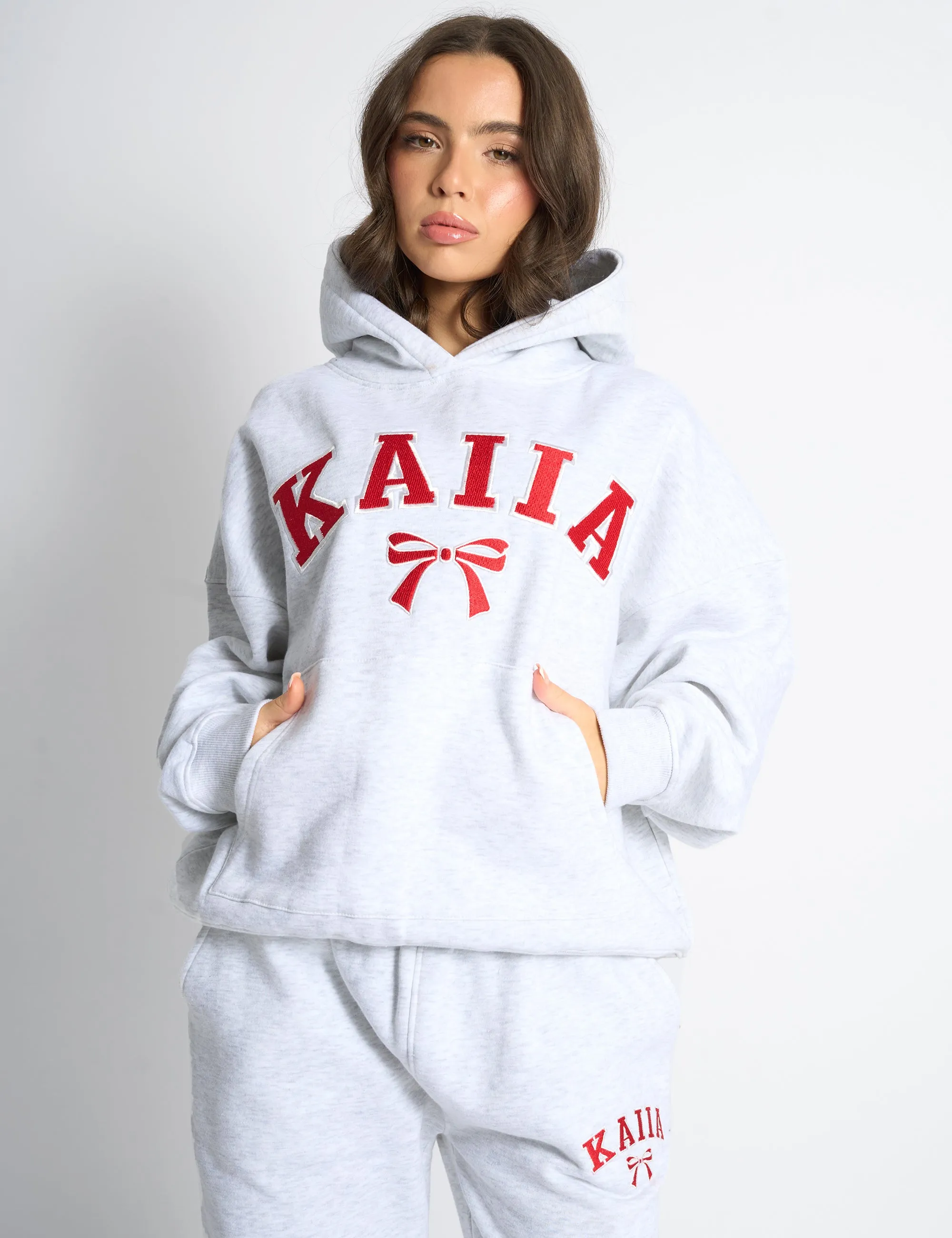 Kaiia Bow Embroidered Oversized Hoodie Light Grey Marl & Red sold by Public Desire