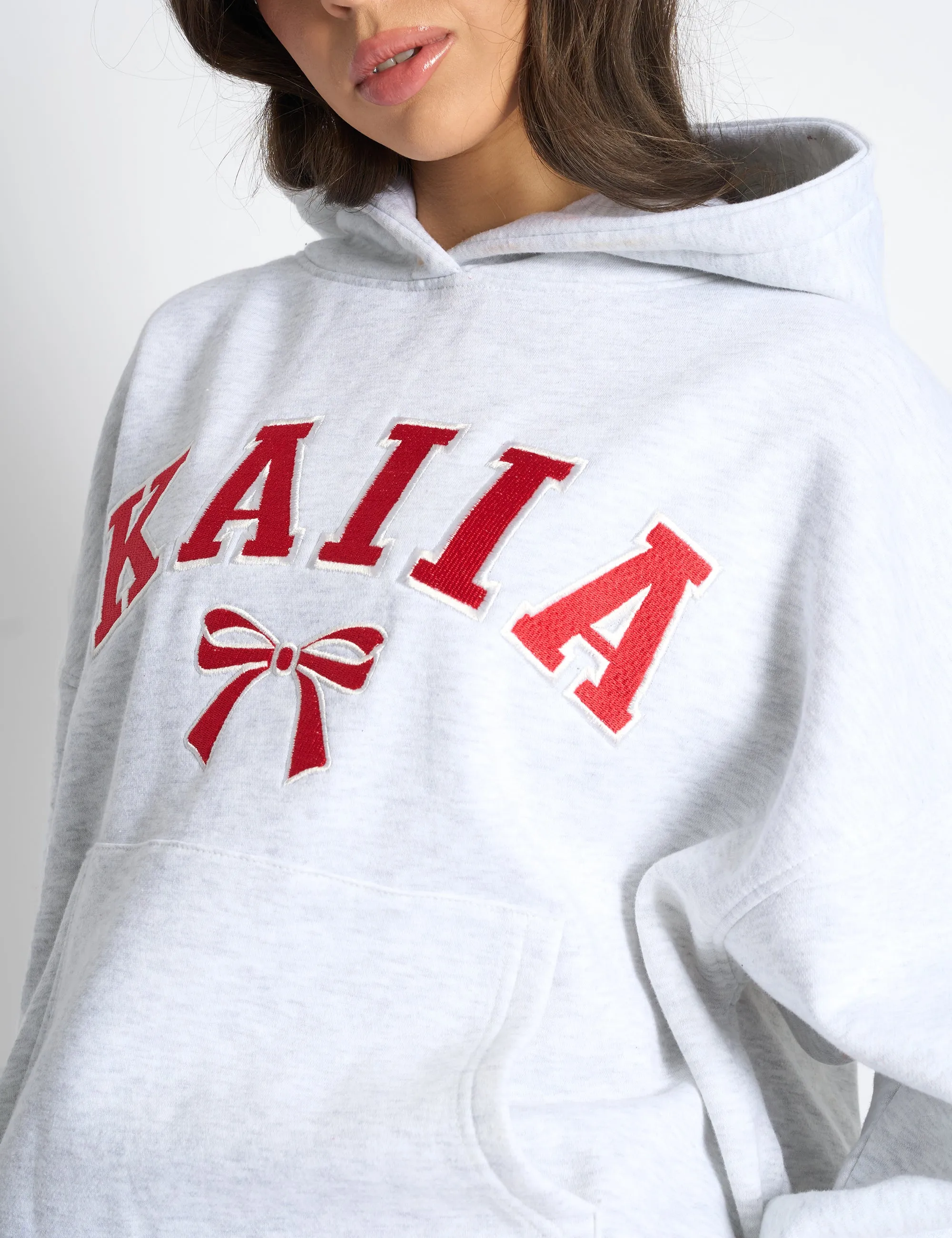 Kaiia Bow Embroidered Oversized Hoodie Light Grey Marl & Red sold by Public Desire product image thumbnail 4