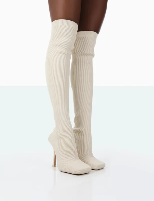 Bubbles White Knitted Wide Fit Square Toe Over The Knee Stiletto Boots sold by Public Desire