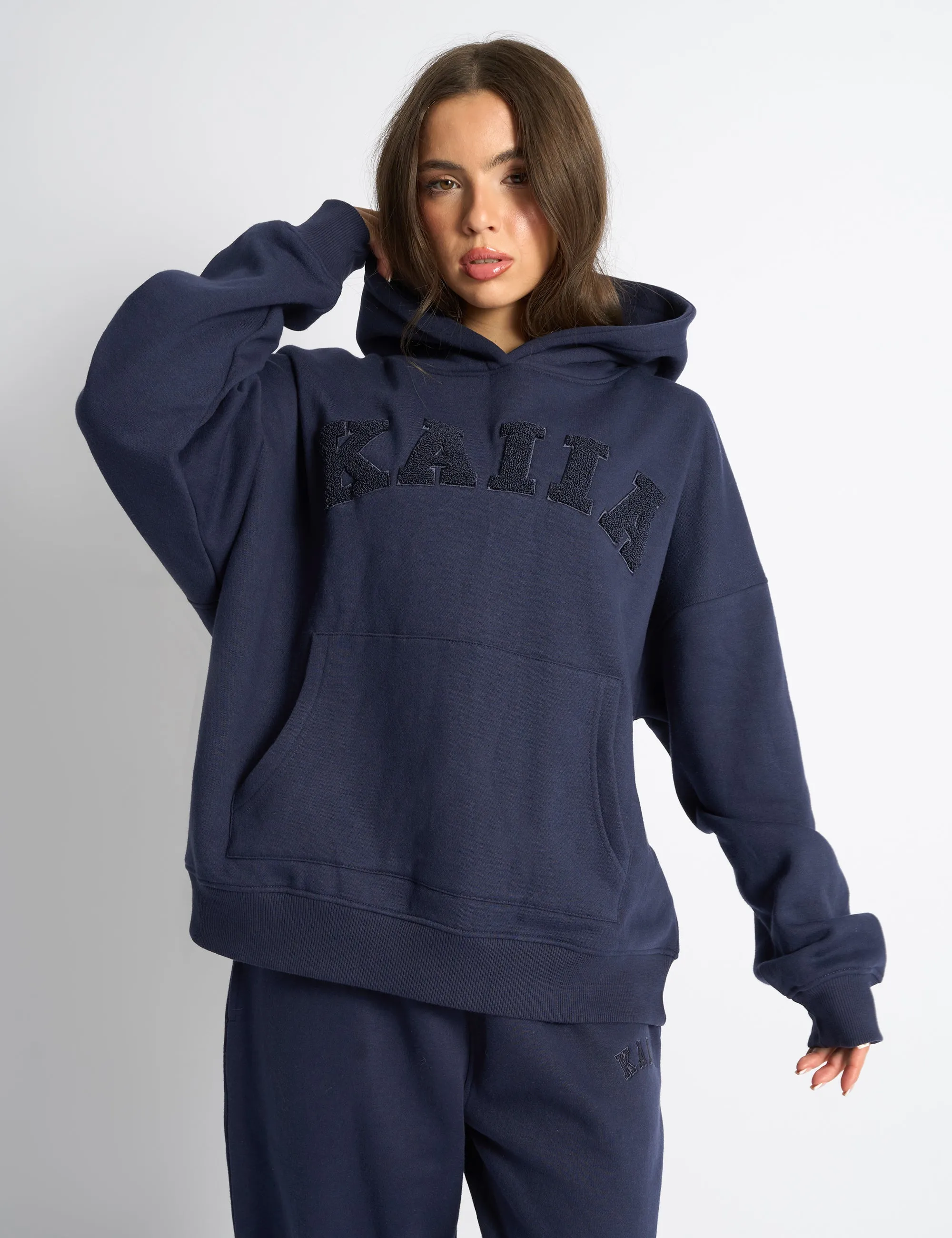 Kaiia Borg Slogan Oversized Hoodie Deep Blue sold by Public Desire