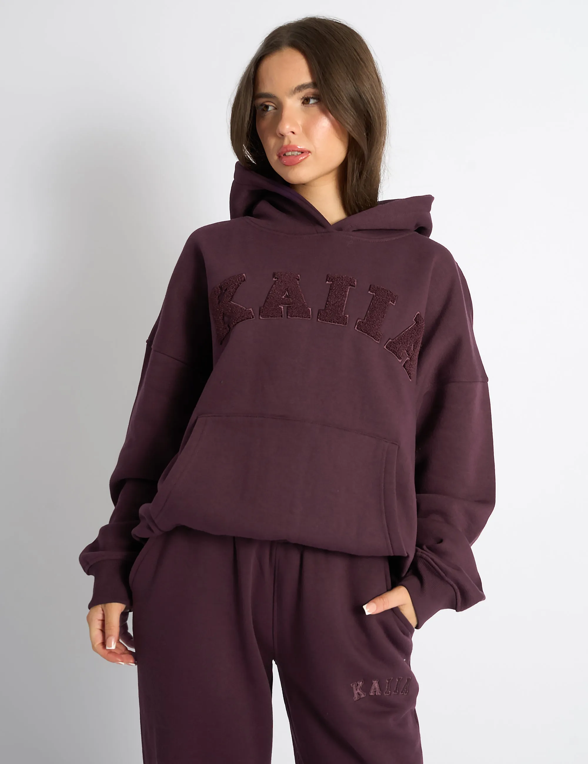 Kaiia Borg Slogan Oversized Hoodie Dark Cherry sold by Public Desire