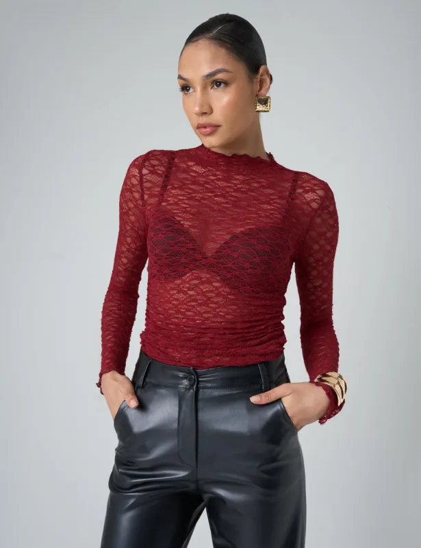 Lace Long Sleeve Top Burgundy sold by Public Desire