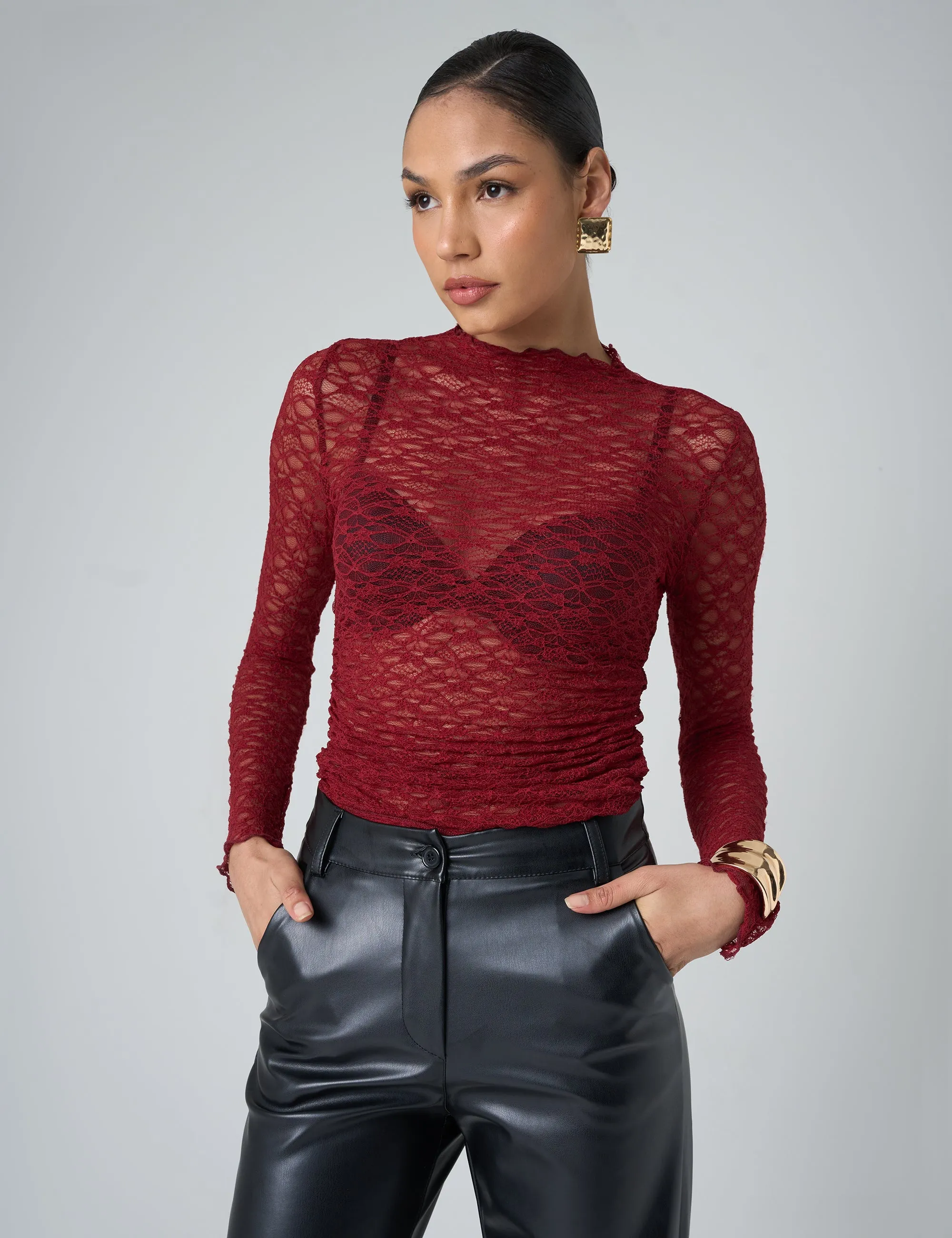 Lace Long Sleeve Top Burgundy sold by Public Desire