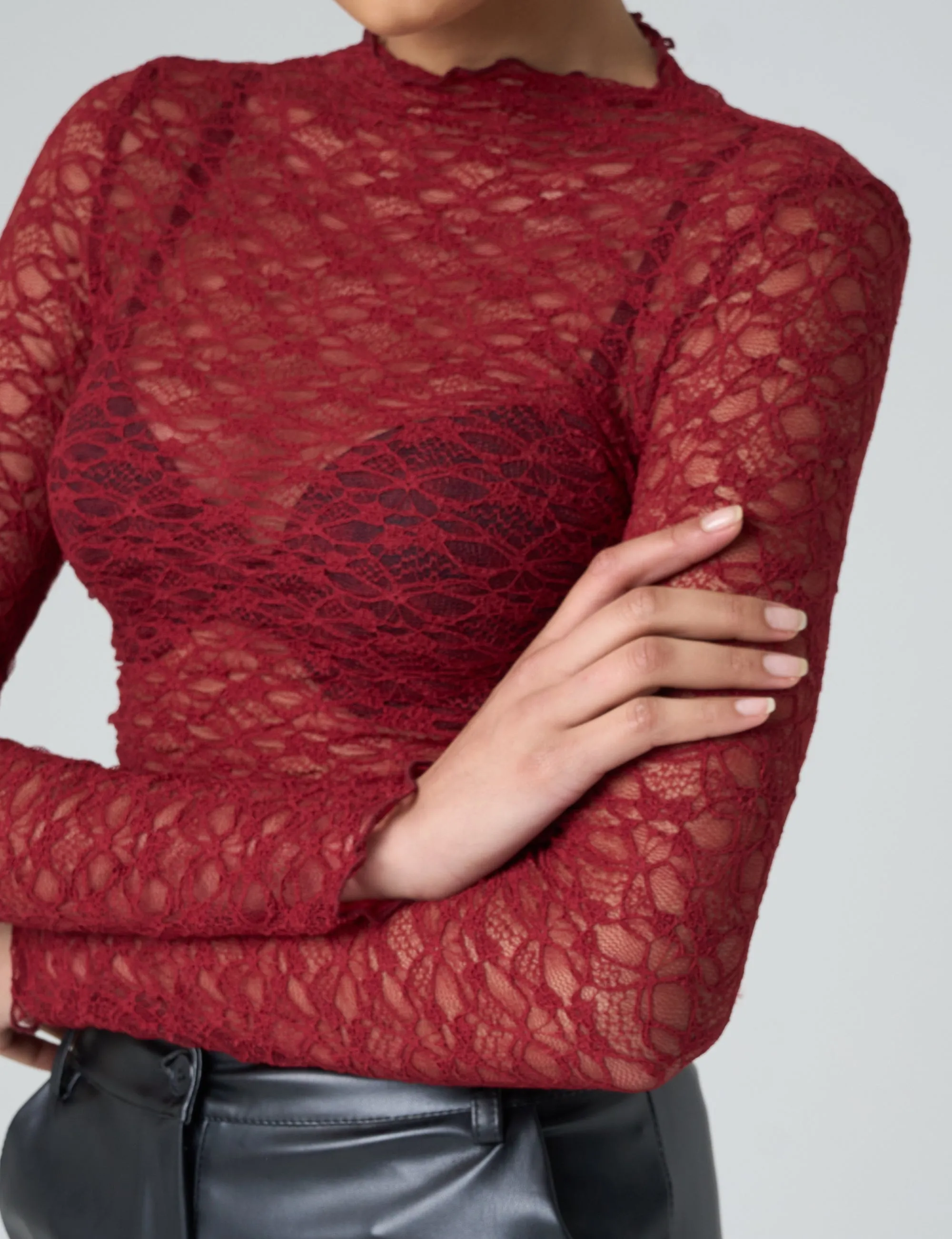 Lace Long Sleeve Top Burgundy sold by Public Desire product image thumbnail 4