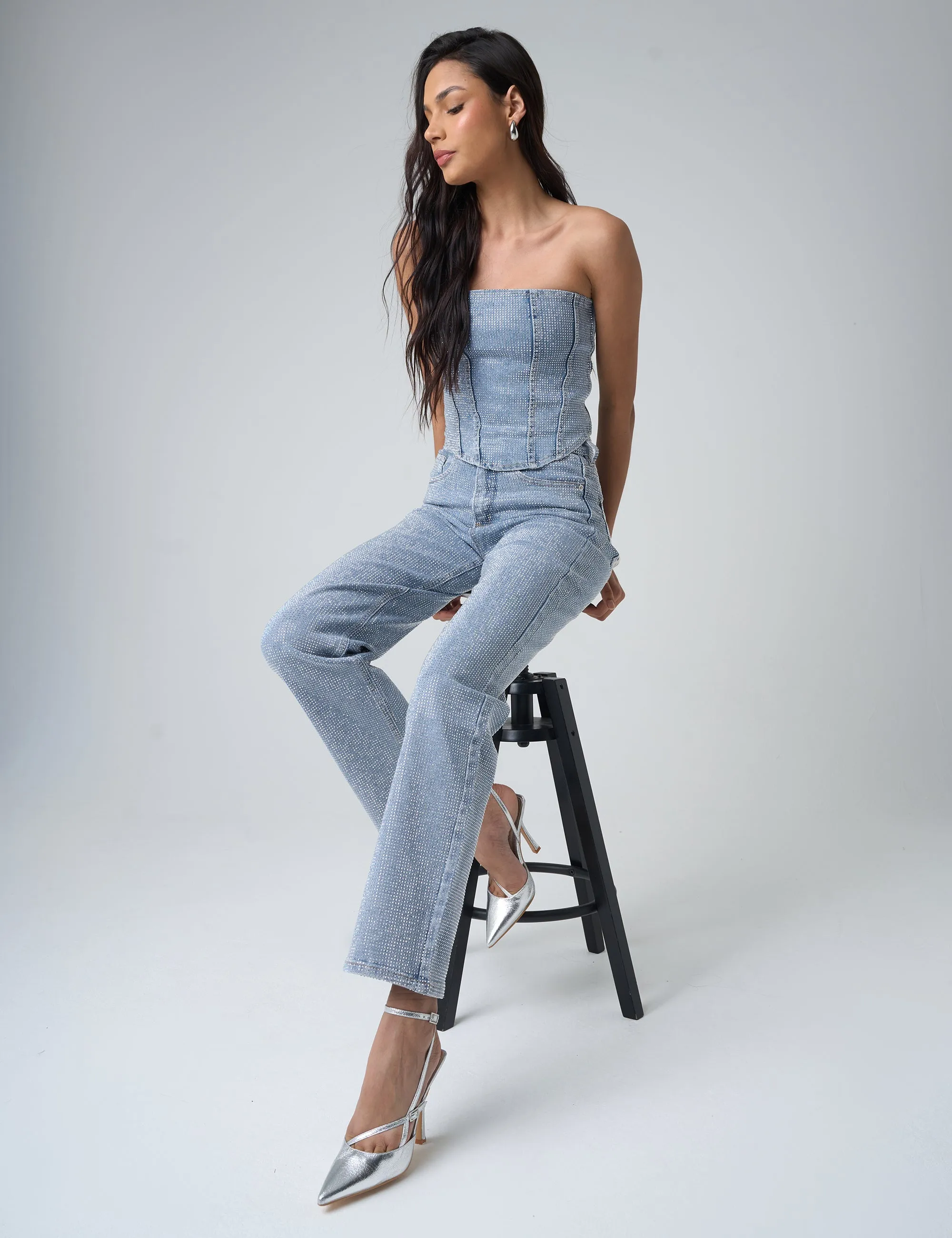 Diamante Straight Fit High Rise Denim Jeans Blue sold by Public Desire product image thumbnail 4