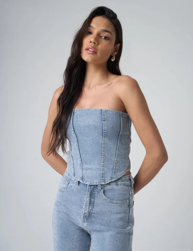 Diamante Denim Corset Blue sold by Public Desire