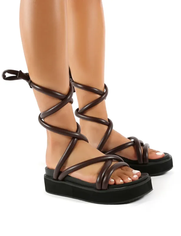 Jolly Choc Drench PU Weaved Ankle Strap Detail Chunky Sandals sold by Public Desire