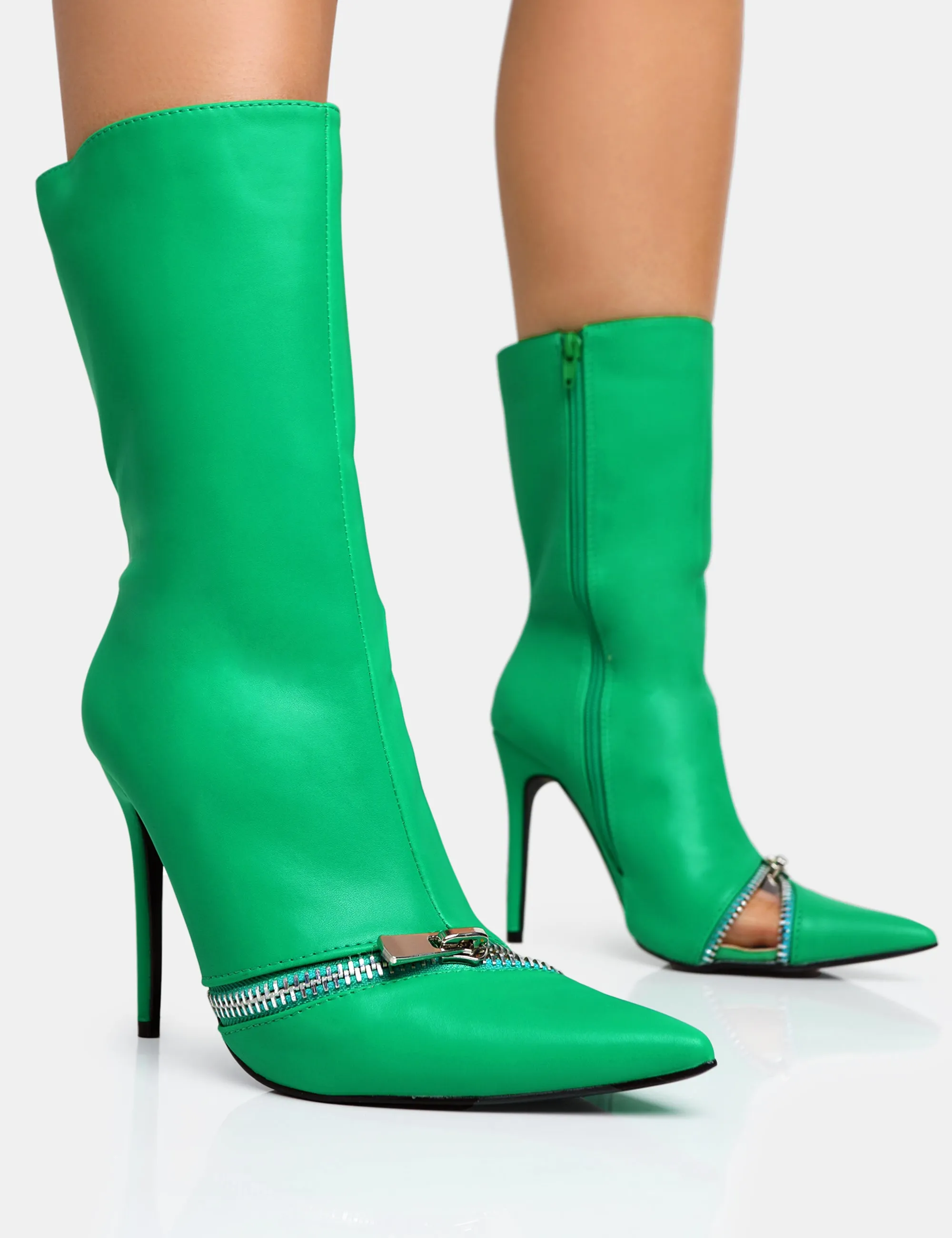 Pitstop Green Pu Zip Detail Pointed Toe Stiletto Heel Ankle Boots sold by Public Desire