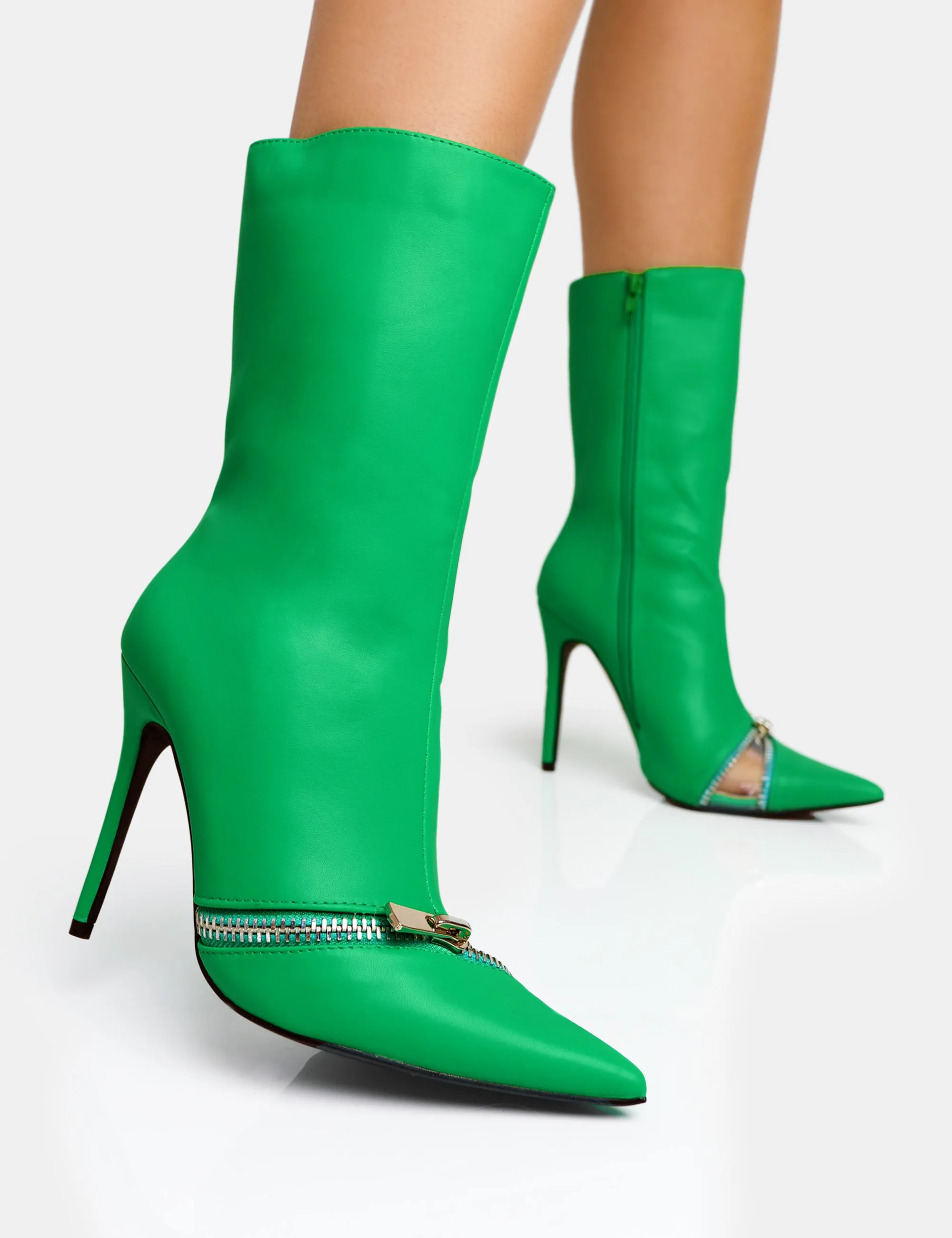 Pitstop Green Pu Zip Detail Pointed Toe Stiletto Heel Ankle Boots sold by Public Desire product image thumbnail 5