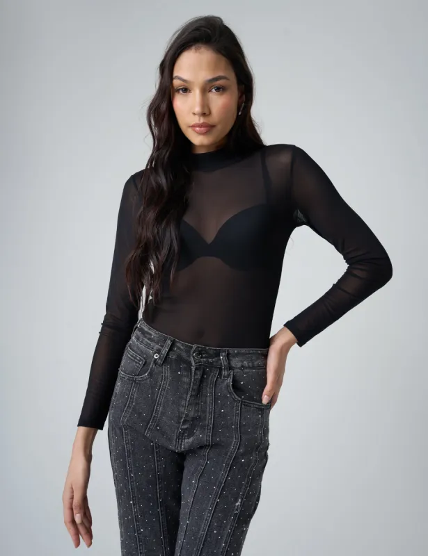 Mesh Long Sleeve Bodysuit Black sold by Public Desire