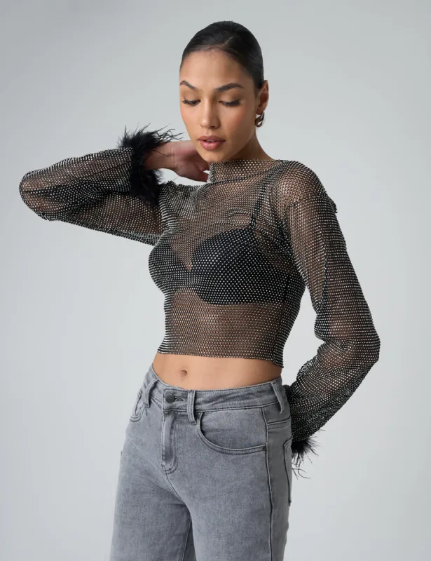 Feather Cuff Detail Diamante Mesh Cropped Top Black sold by Public Desire
