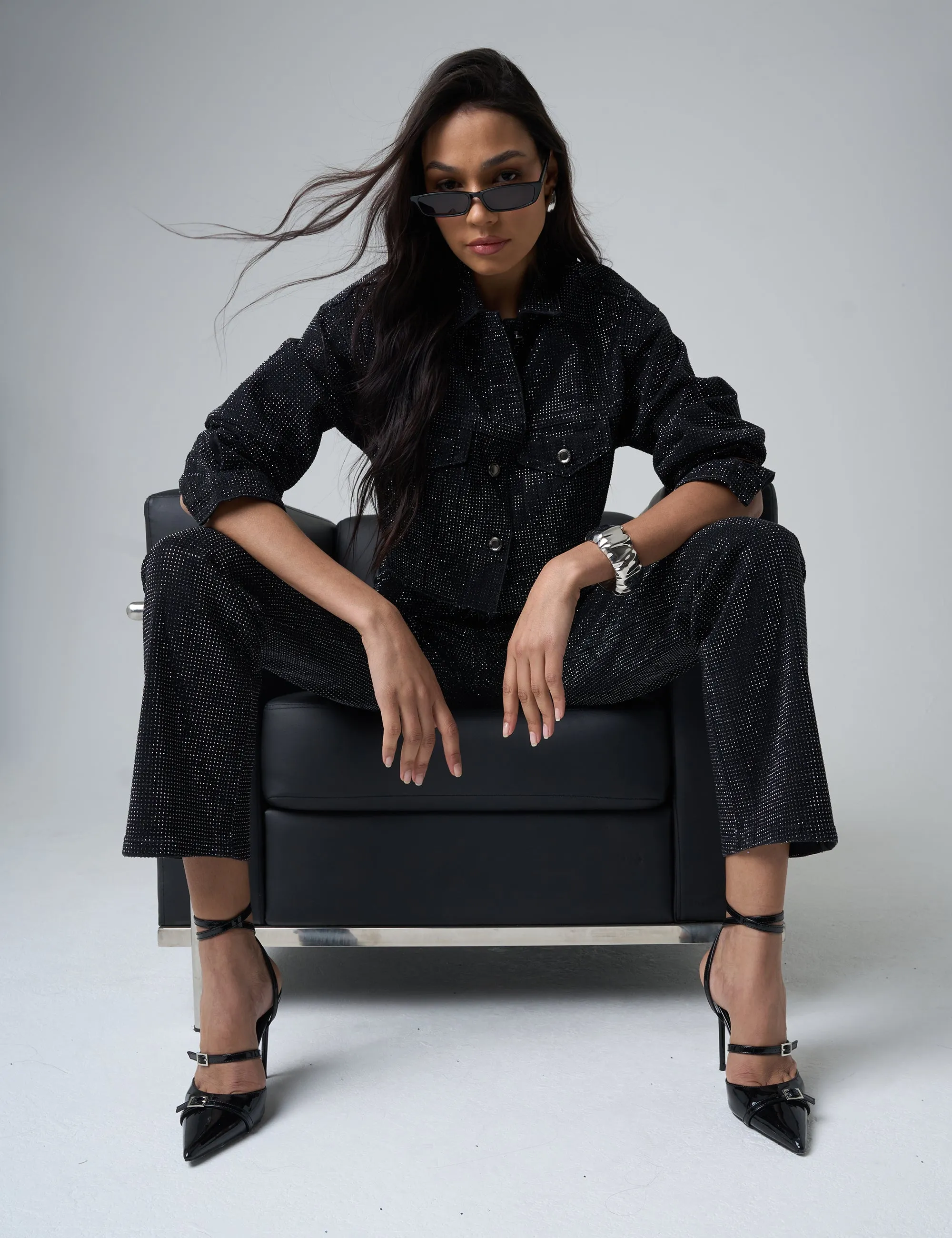 Diamante Denim Cropped Jacket Black sold by Public Desire