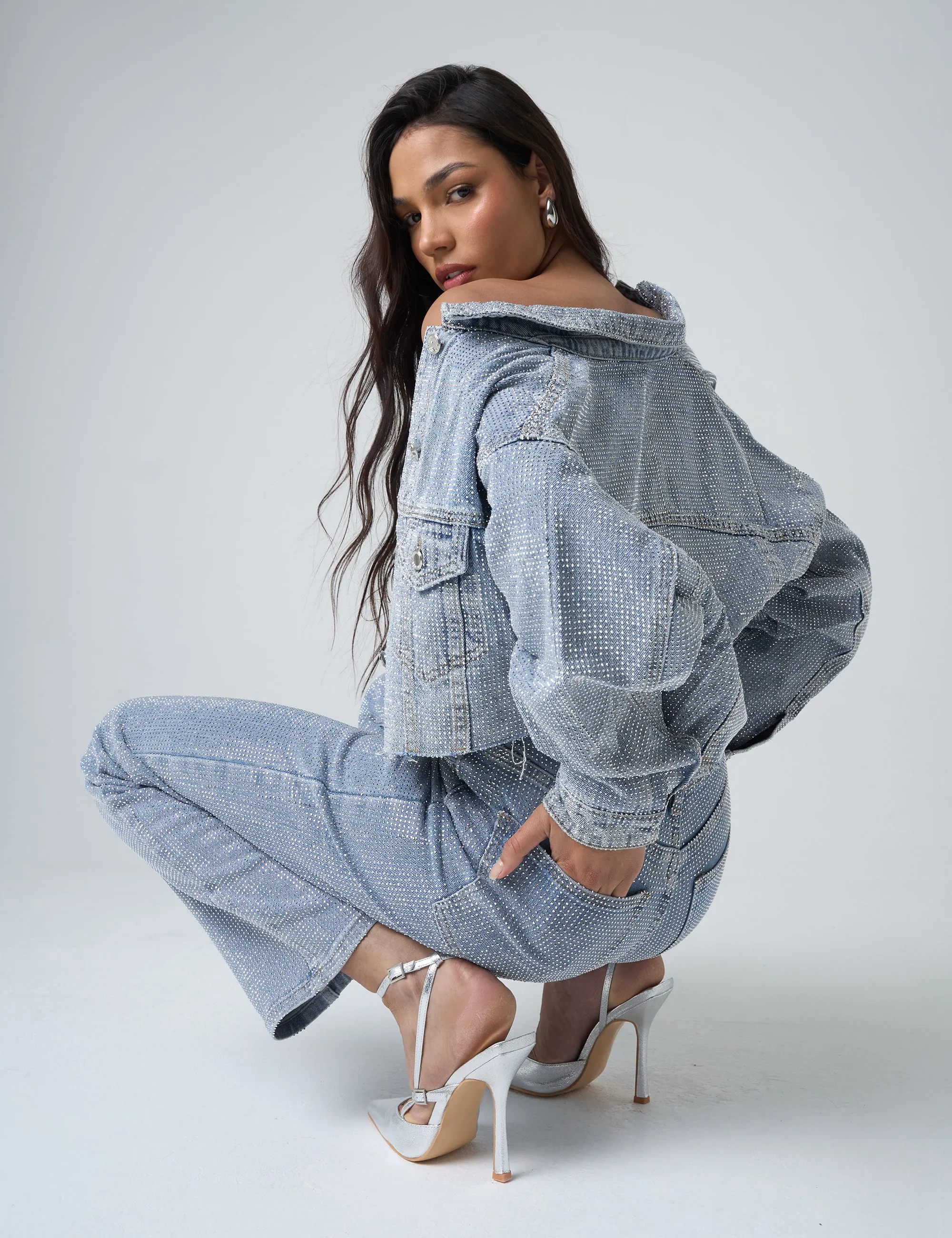 Diamante Denim Cropped Jacket Blue sold by Public Desire