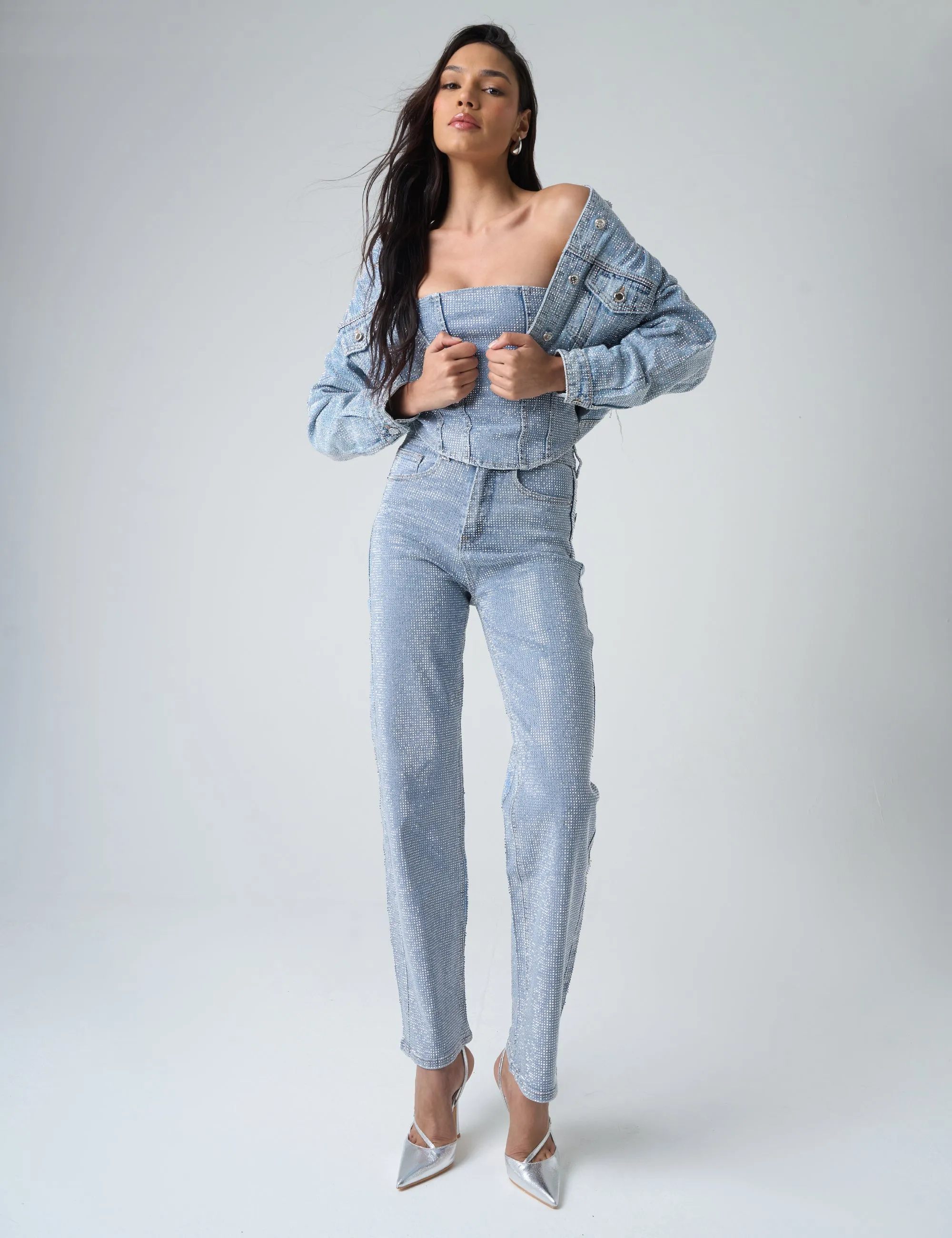 Diamante Denim Cropped Jacket Blue sold by Public Desire product image thumbnail 3