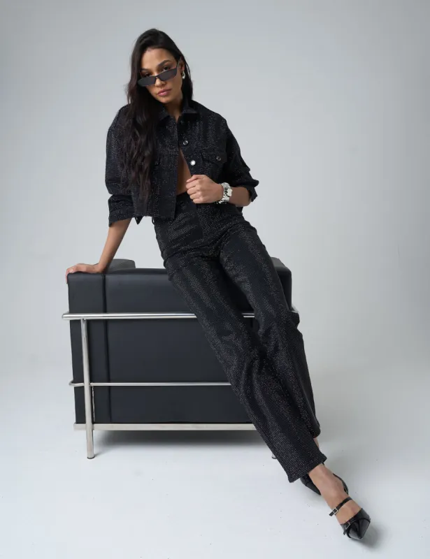 Diamante Straight Fit High Rise Denim Jeans Black sold by Public Desire