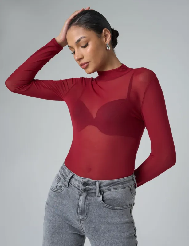 Mesh Long Sleeve Bodysuit Burgundy sold by Public Desire