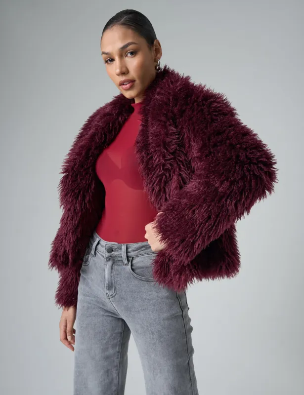 Short Shaggy Fur Jacket Burgundy sold by Public Desire