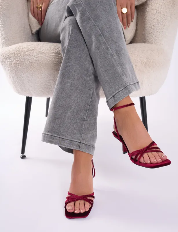 Lychee Burgundy Velvet Crossover Strap Lace Up Mid Heels sold by Public Desire