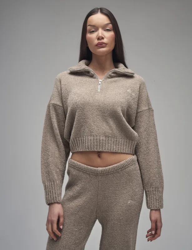 Kaiia Knit Fold Over Collar Quarter Zip Sweater Taupe made by Public Desire