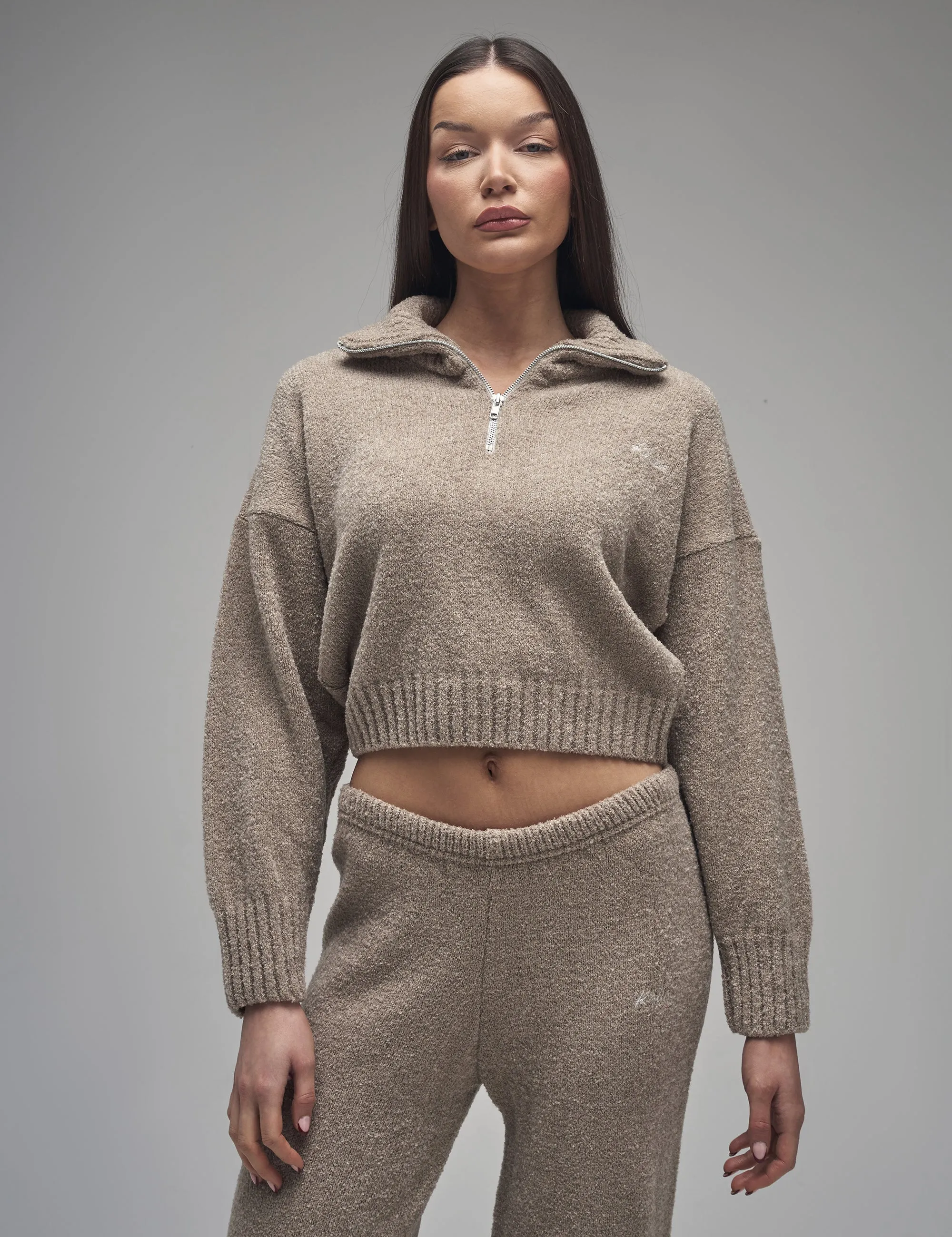 Kaiia Knit Fold Over Collar Quarter Zip Sweater Taupe sold by Public Desire