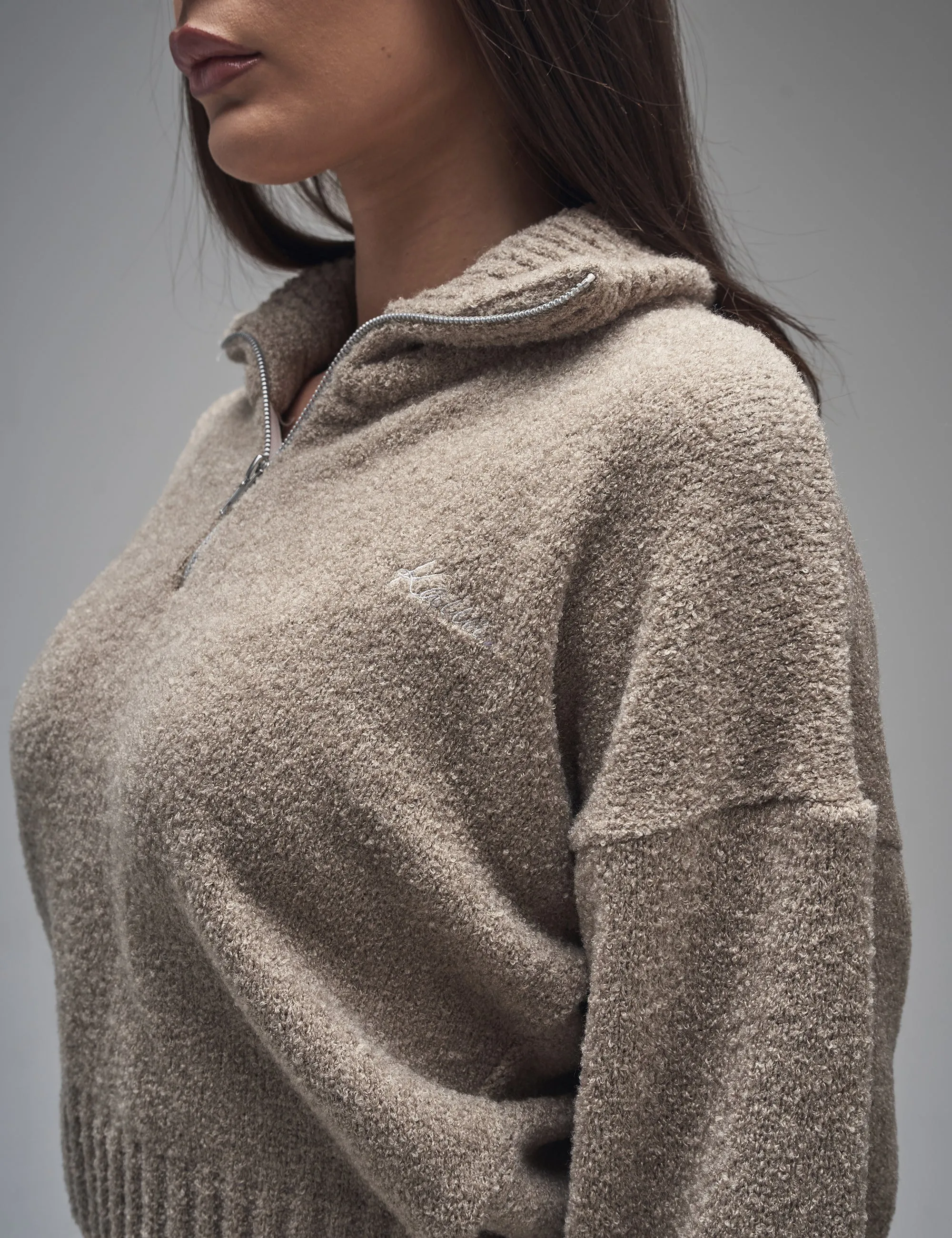 Kaiia Knit Fold Over Collar Quarter Zip Sweater Taupe sold by Public Desire product image thumbnail 4