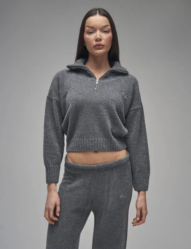 Kaiia Knit Fold Over Collar Quarter Zip Sweater Charcoal made by Public Desire