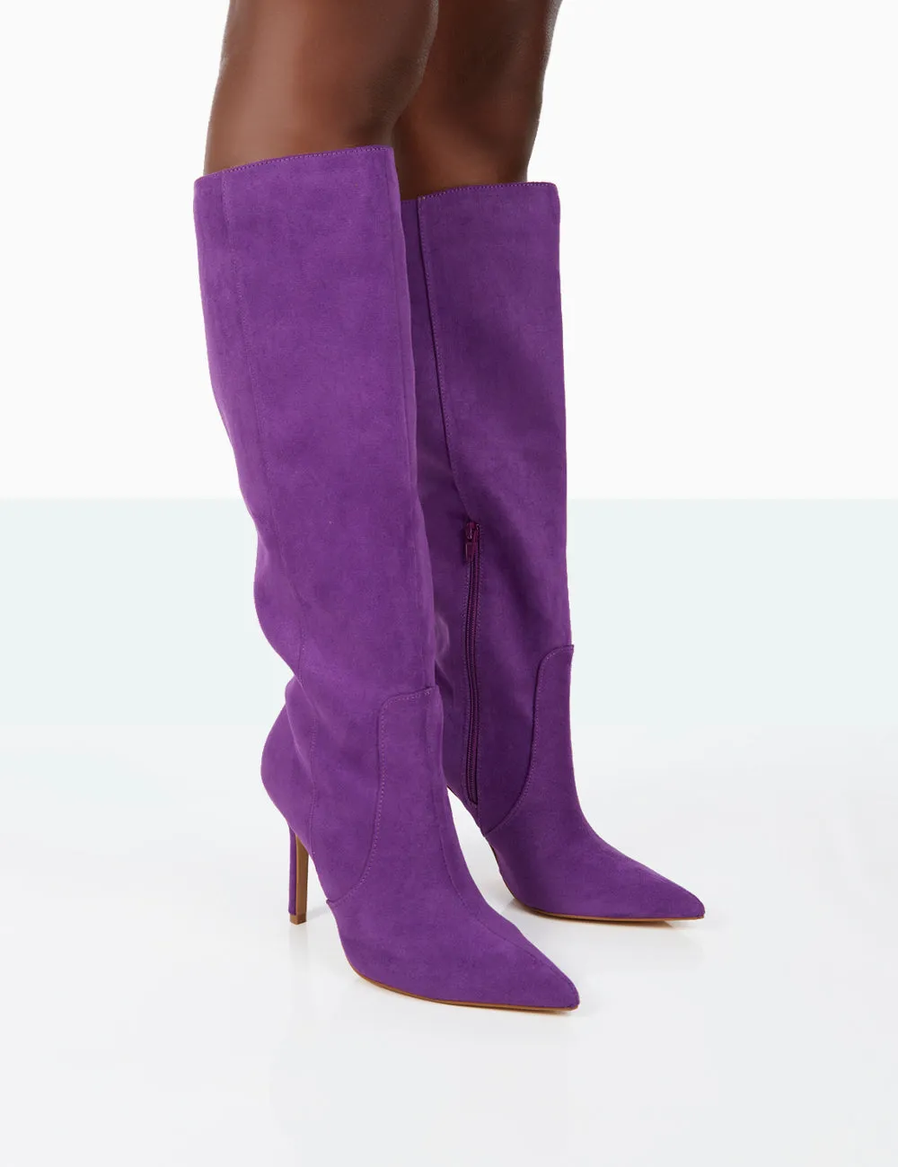 Best Believe Purple Faux Suede Pointed Toe Stiletto Heeled Knee High Boots sold by Public Desire