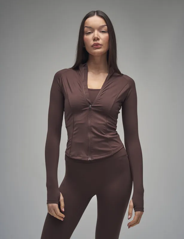 Kaiia Sculpt Long Sleeve Zip Through Fitted Jacket Chocolate made by Public Desire