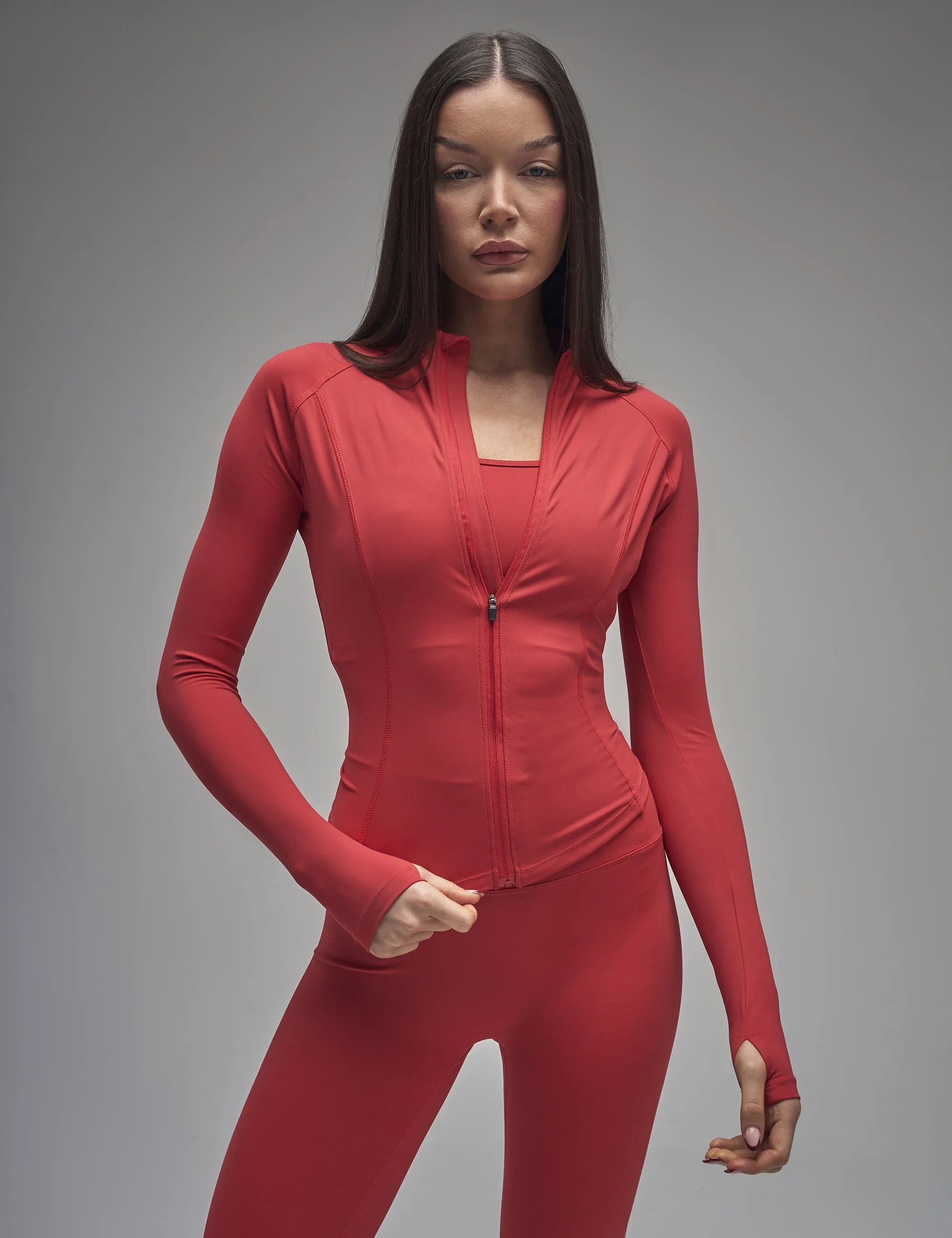 Kaiia Sculpt Long Sleeve Zip Through Fitted Jacket Red sold by Public Desire