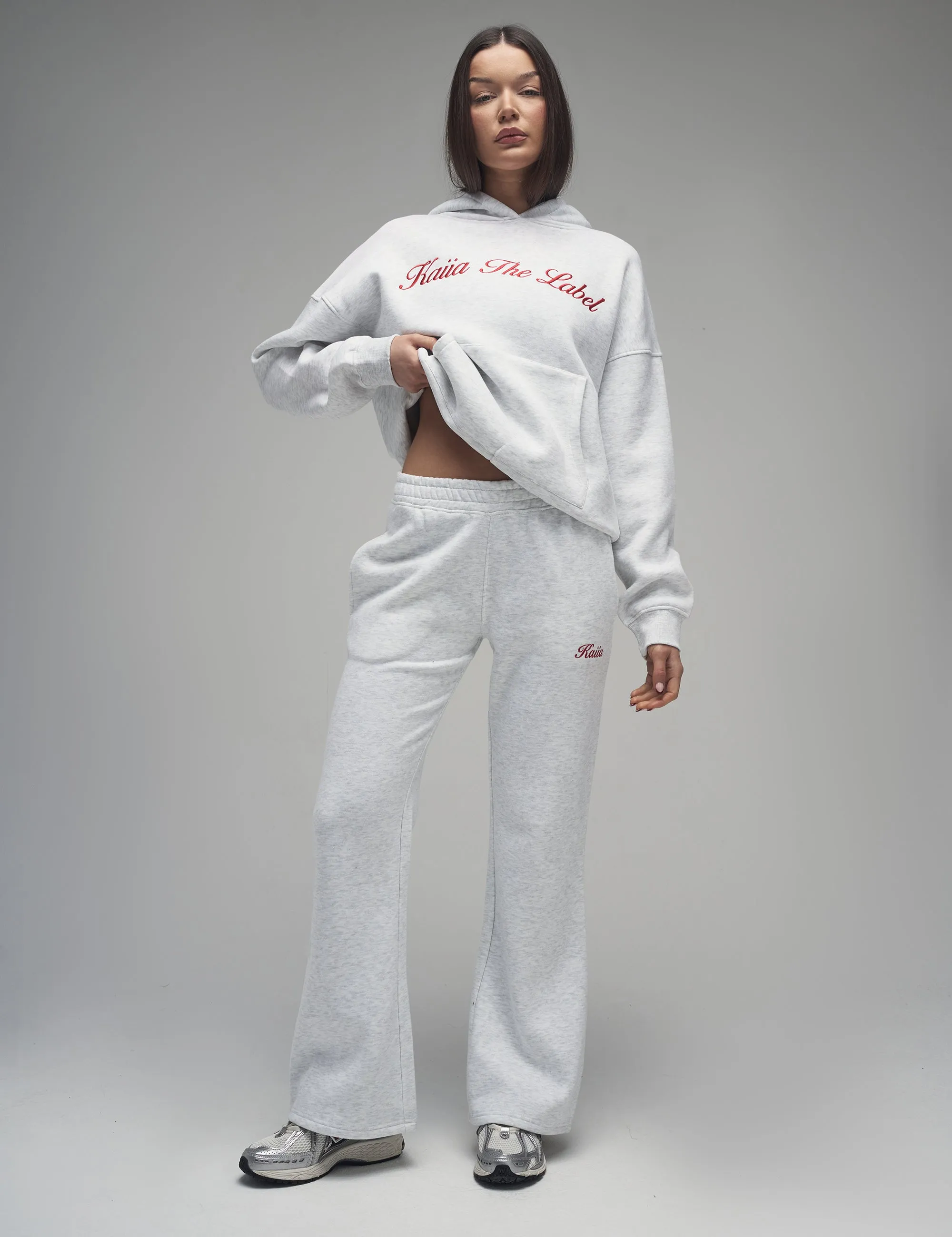 Kaiia Script Logo Wide Leg Joggers Light Grey Marl & Red sold by Public Desire