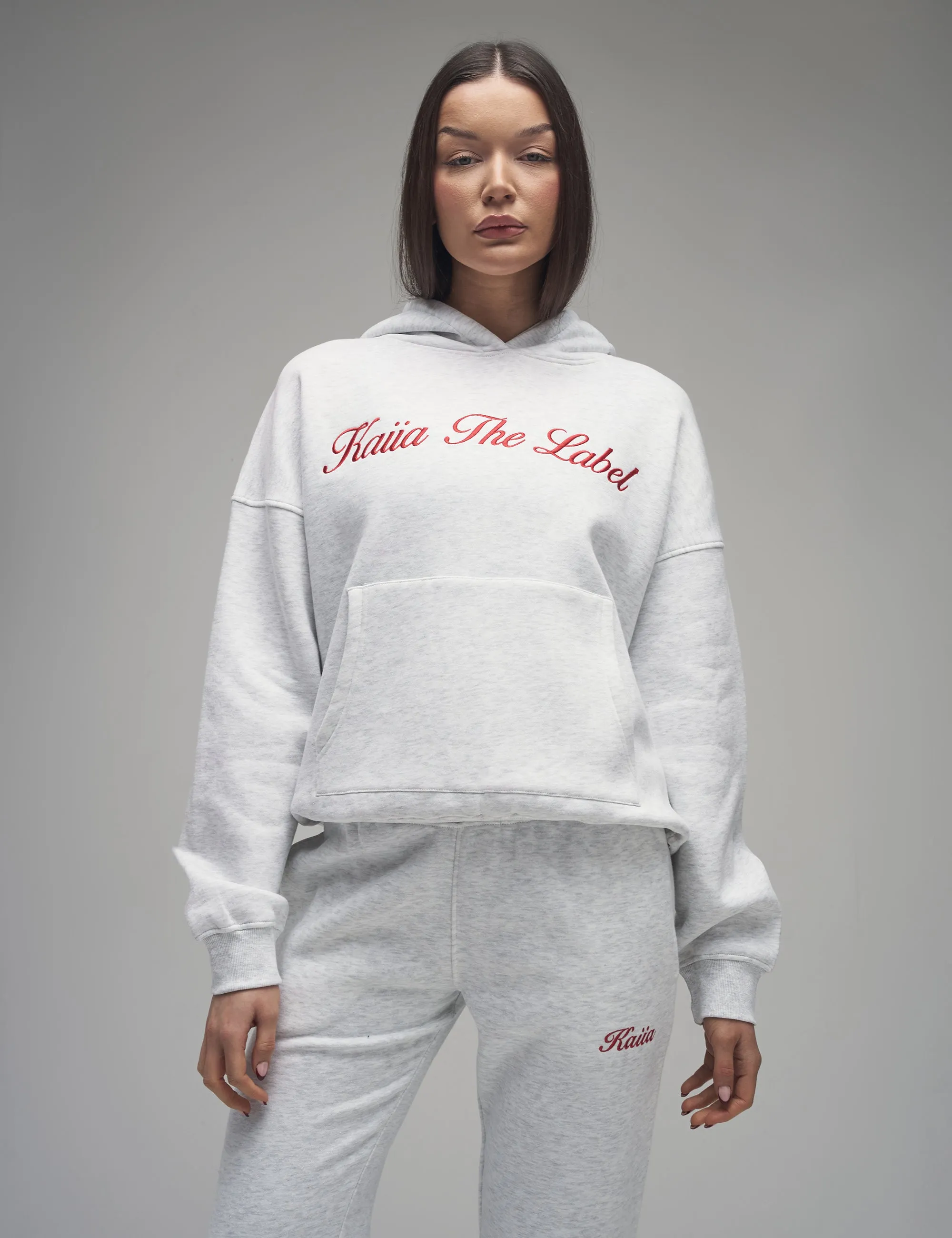 Kaiia Script Logo Oversized Hoodie Light Grey Marl & Red sold by Public Desire