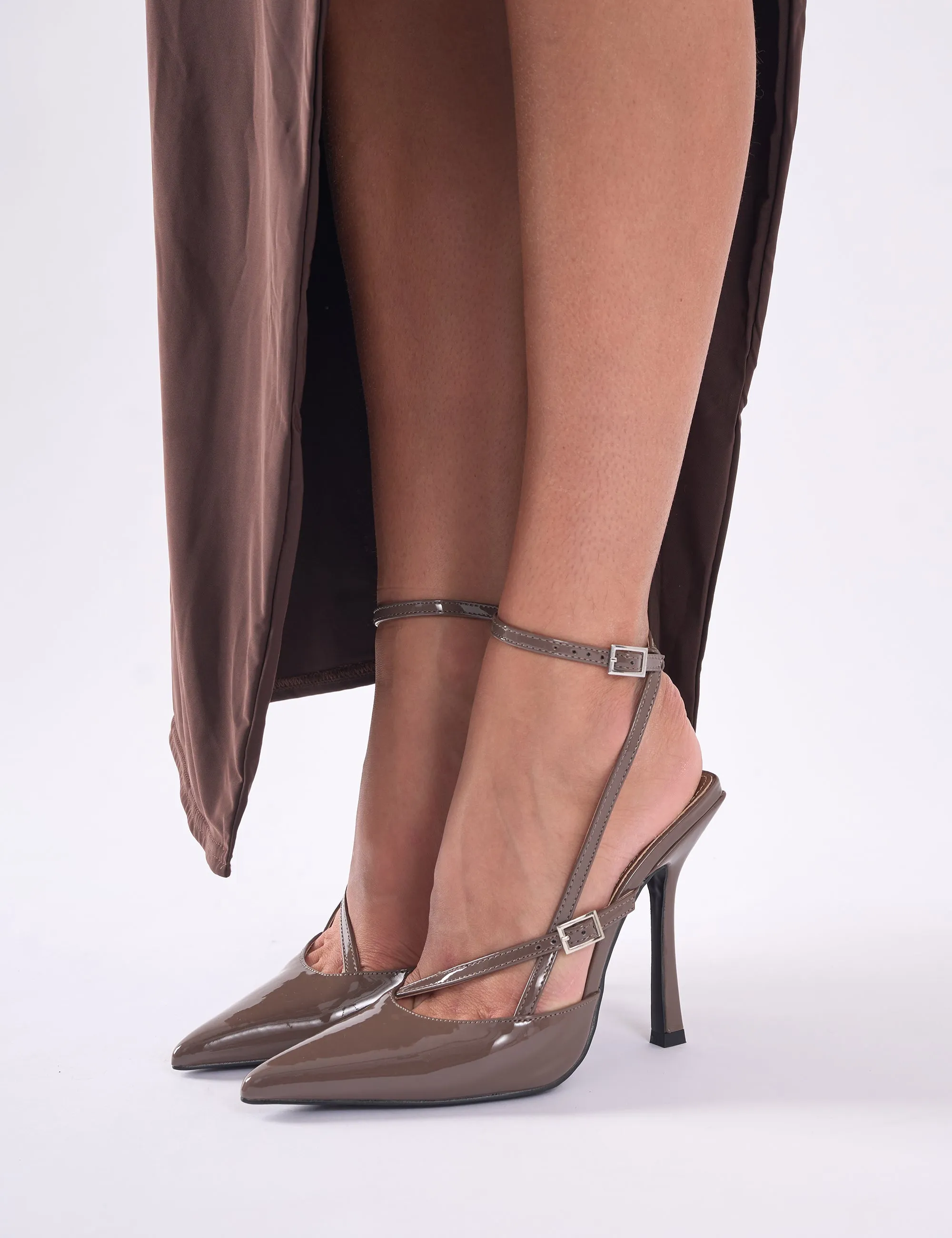 Idol Taupe Patent Buckle Strappy Detail Stiletto Court High Heels sold by Public Desire