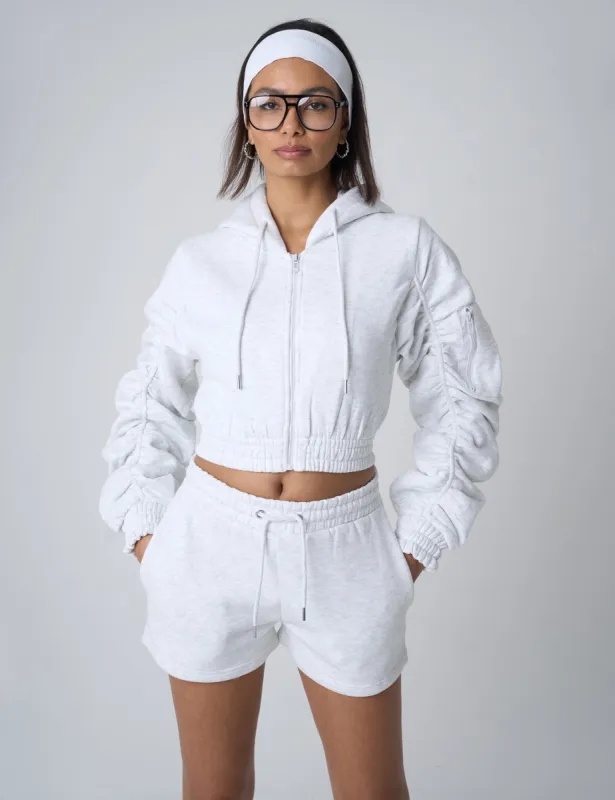 Ruched Sleeve Zip Up Cropped Hoodie Grey Marl sold by Public Desire