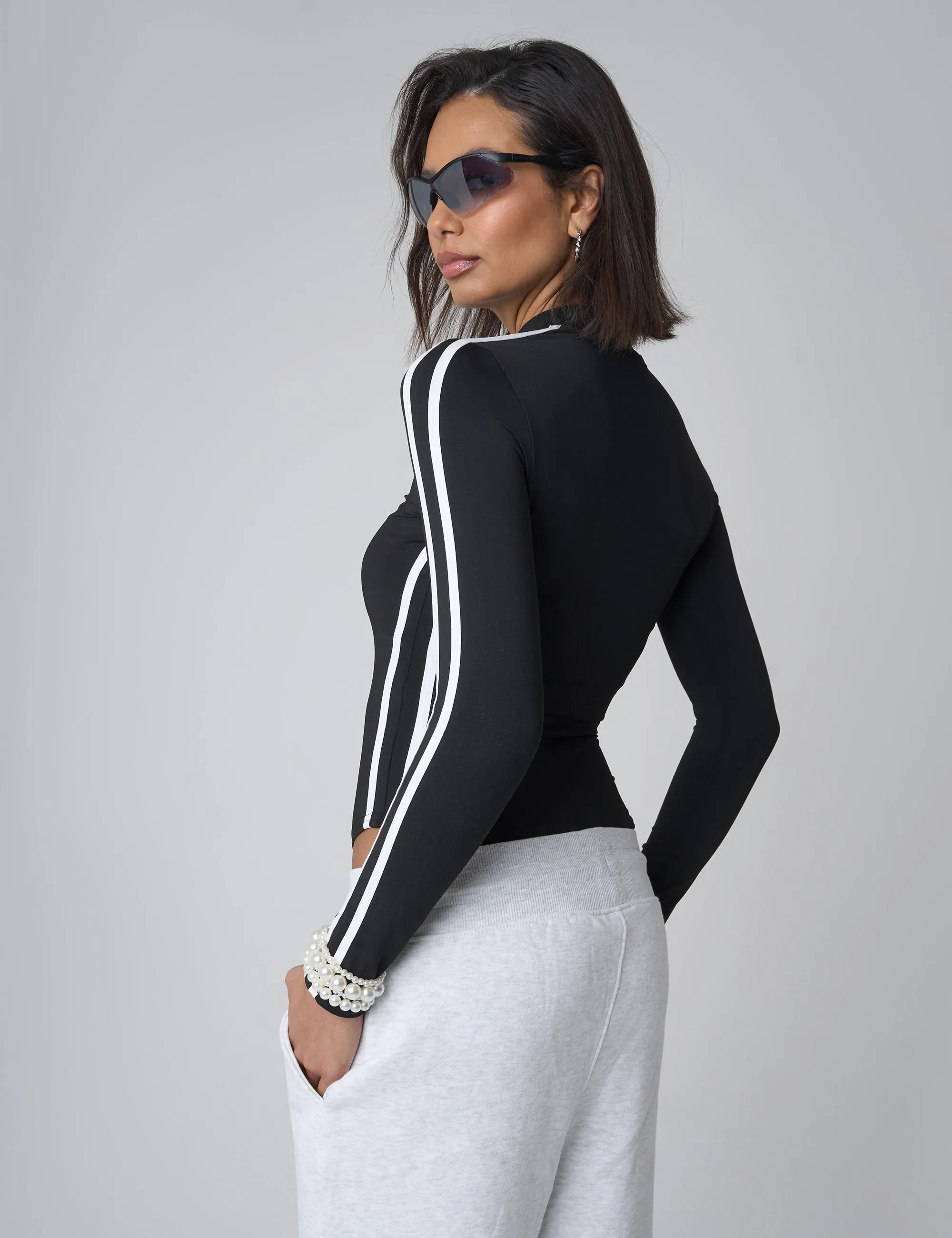 Stripe Sleeve Detail High Neck Long Sleeve Bodysuit Black sold by Public Desire product image thumbnail 5